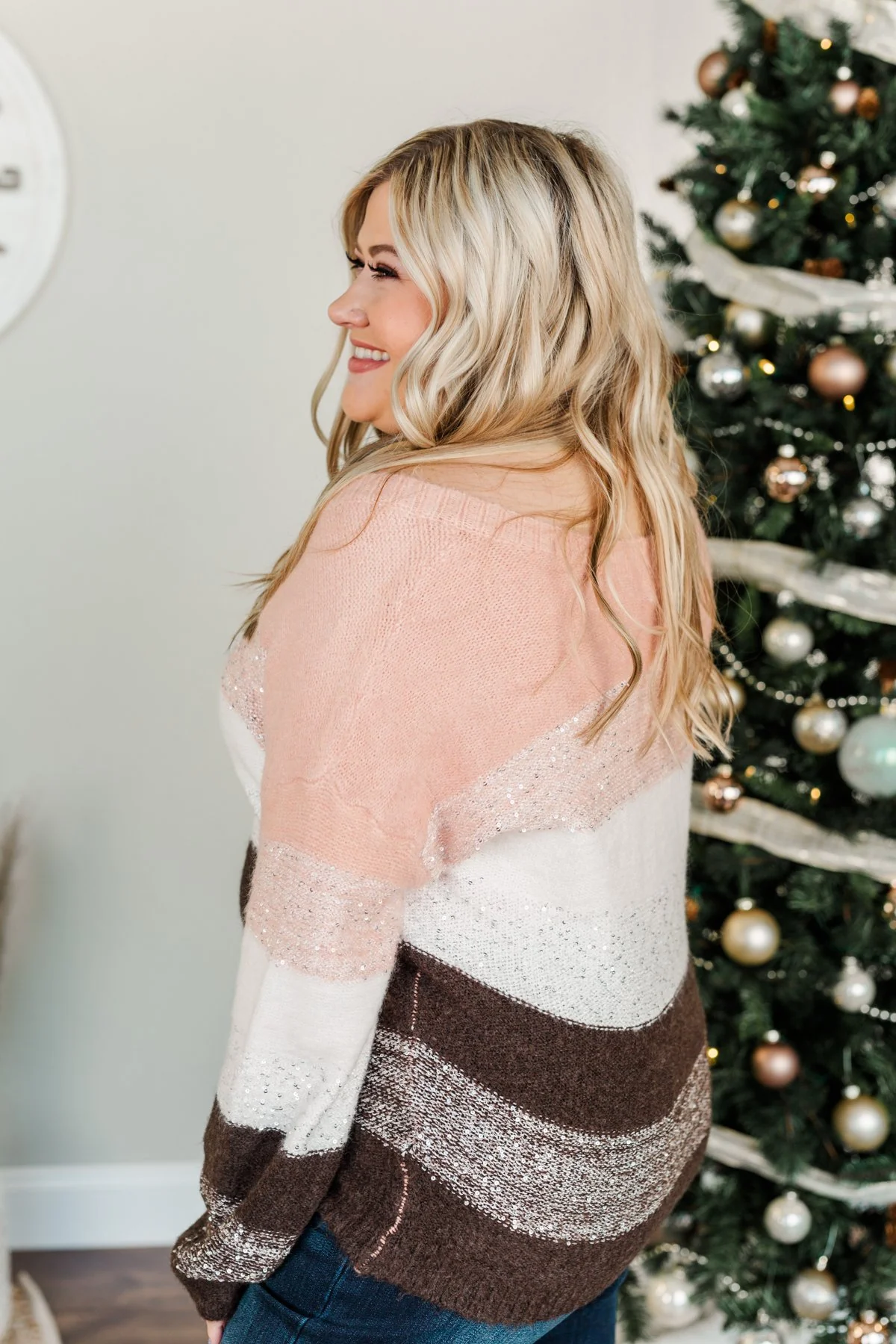 Ready For Snow Sequin Striped Sweater- Blush, Ivory & Brown - Image 8