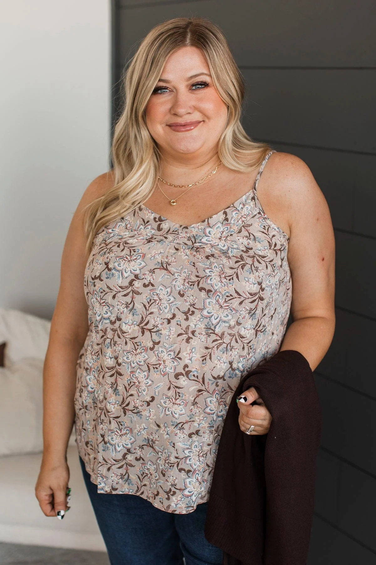 Ready For The Future Floral Tank Top- Light Taupe - Image 3