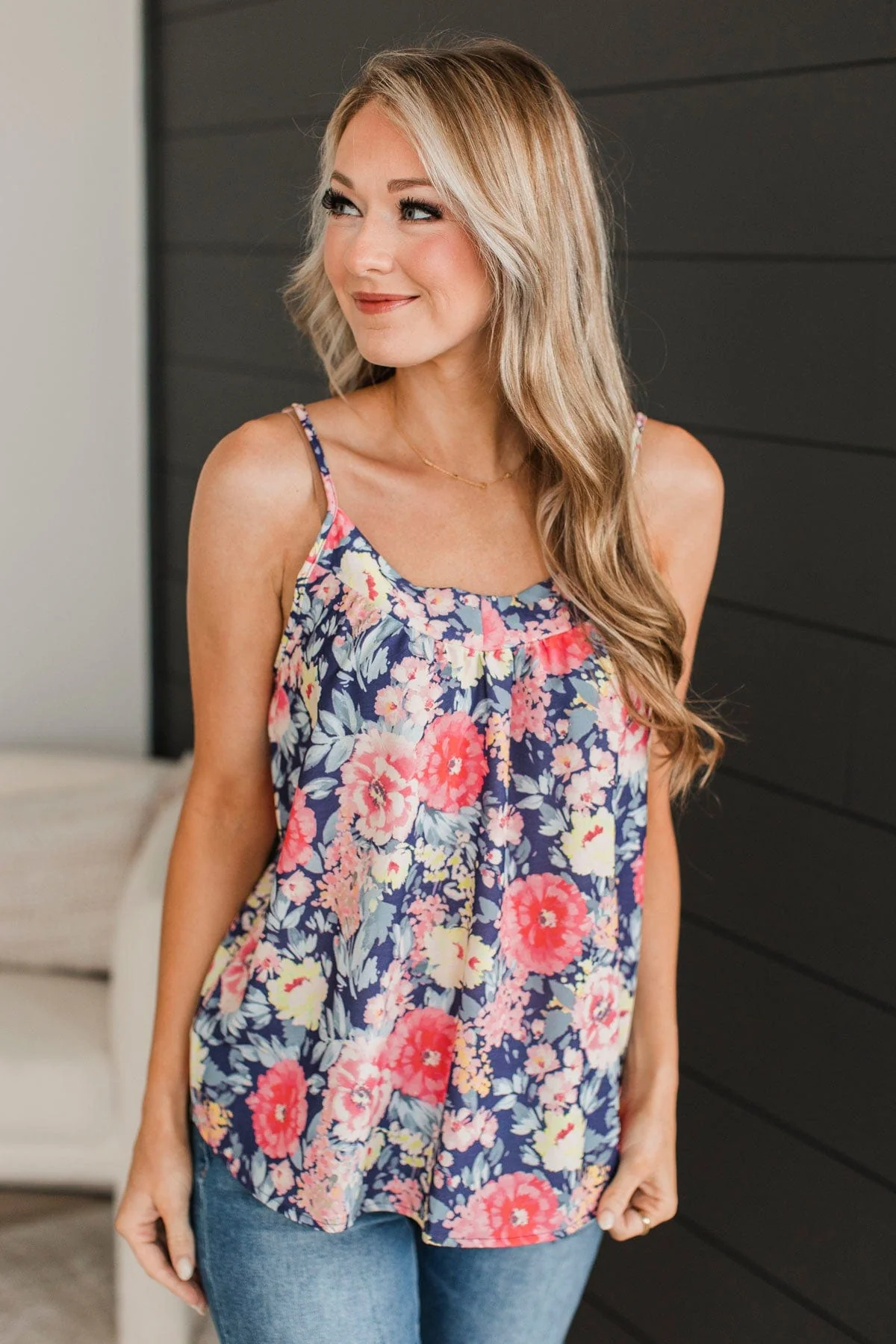 Ready For The Future Floral Tank Top- Navy & Pink - Image 4