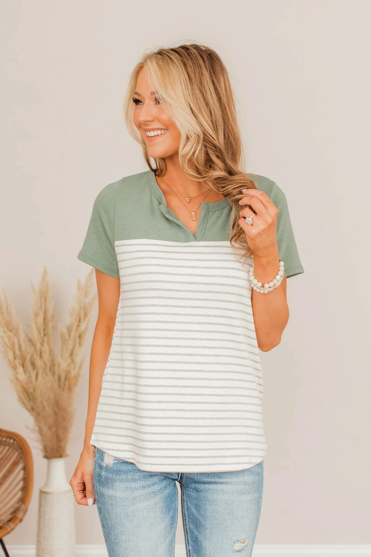 Ready For What's Next V-Neck Top- Light Olive - Image 6