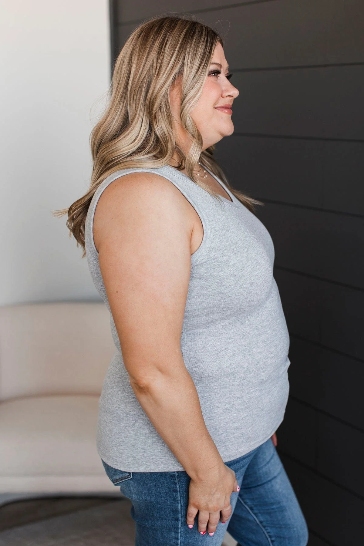 Ready To Adore V-Neck Tank Top- Heather Grey - Image 6