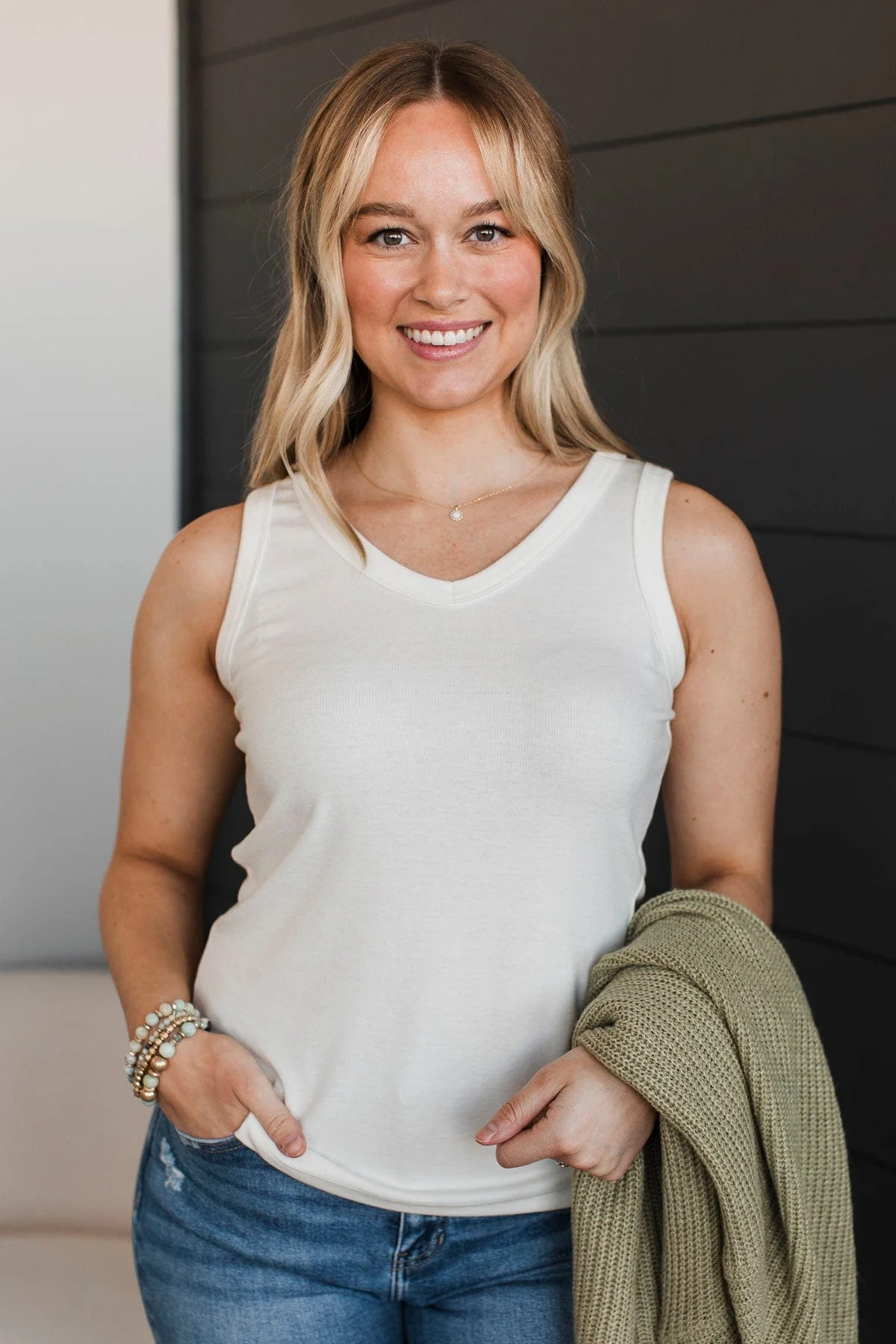 Ready To Adore V-Neck Tank Top- Ivory - Image 3