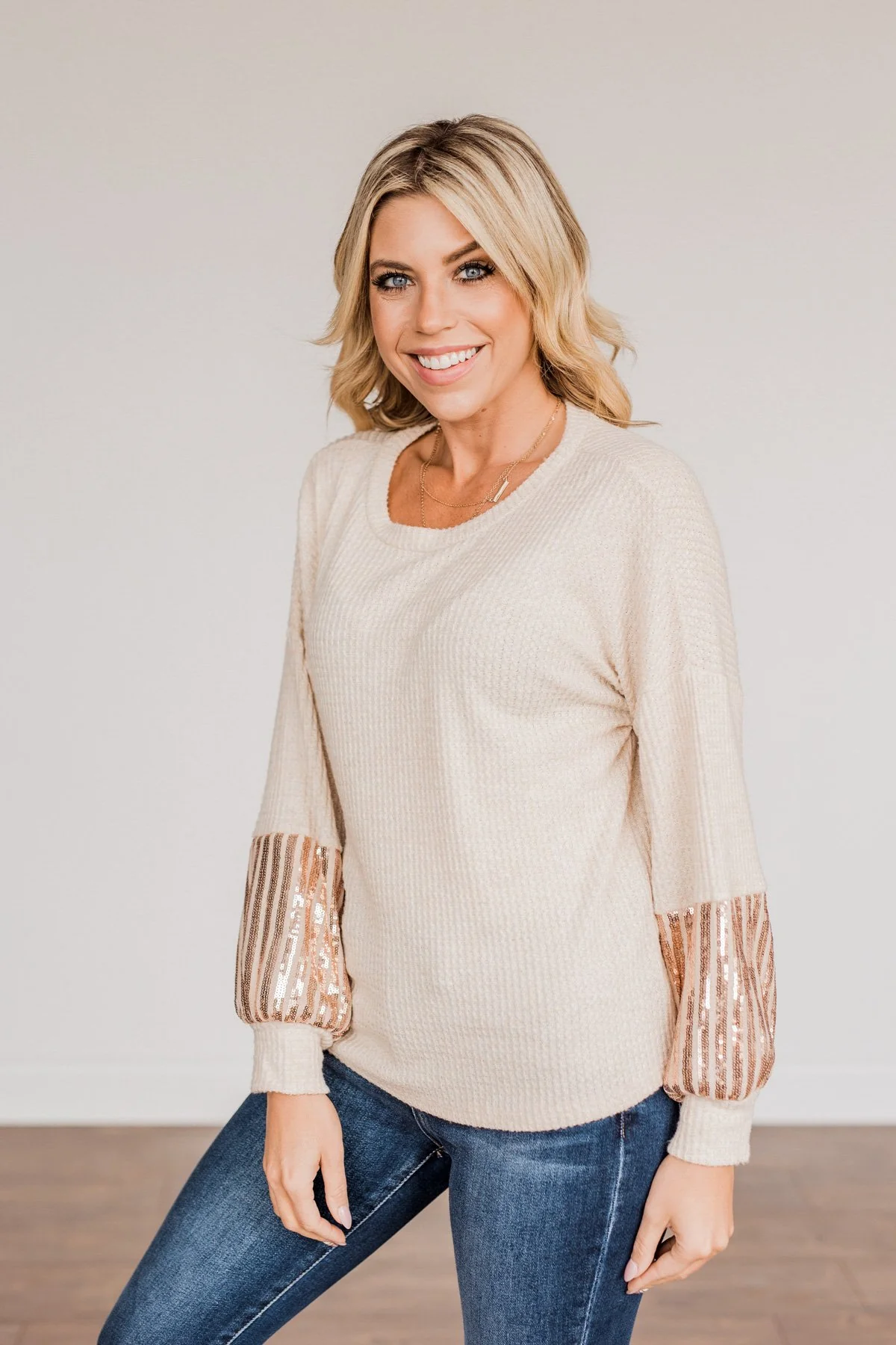 Ready To Sparkle Long Sleeve Top- Taupe - Image 8