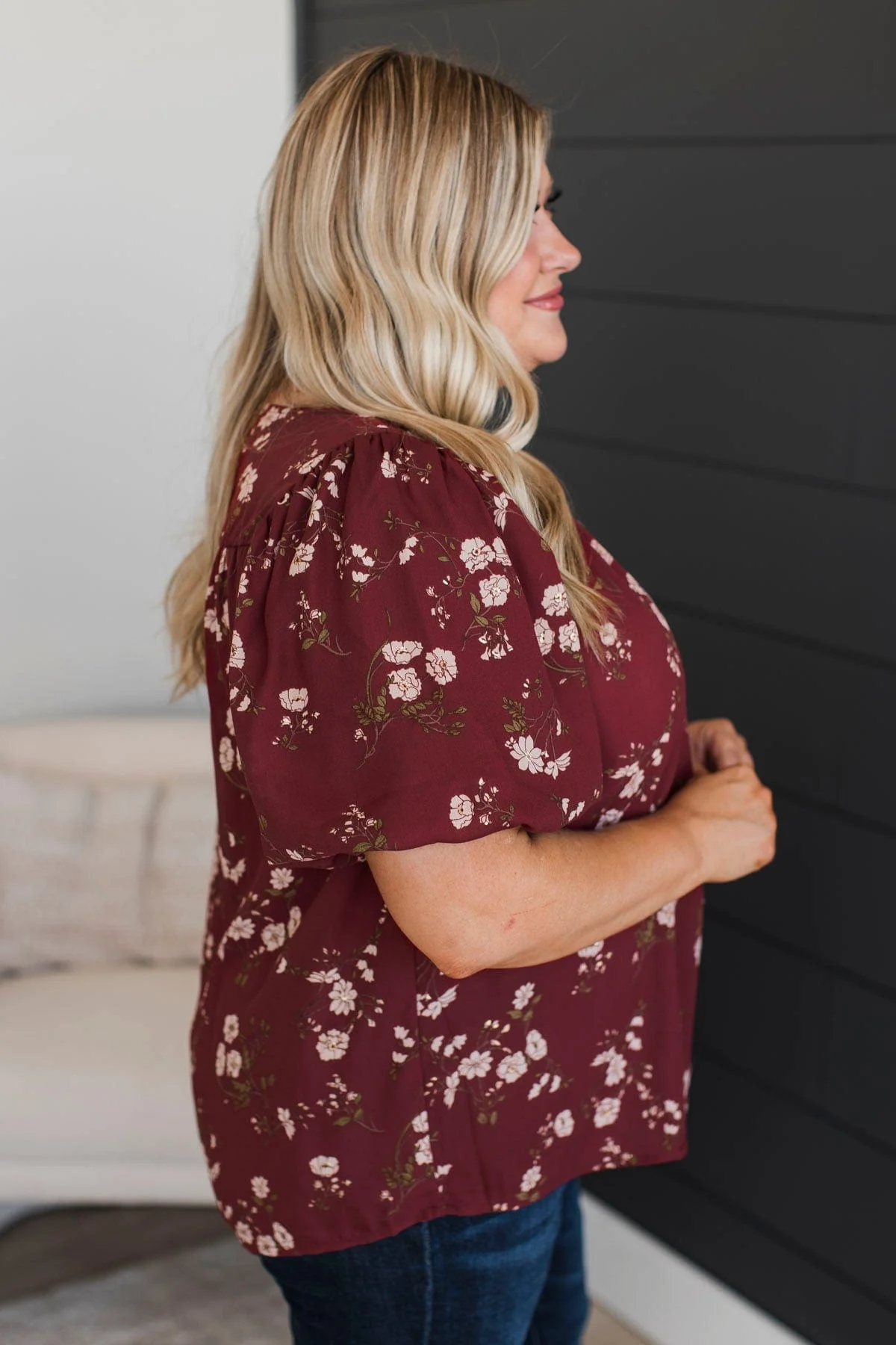 Real Love Floral Puff Sleeve Blouse- Maroon - Image 6