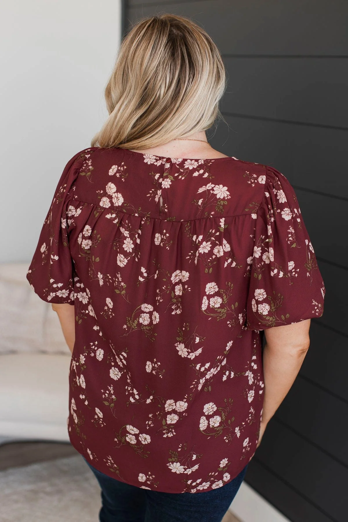 Real Love Floral Puff Sleeve Blouse- Maroon - Image 8