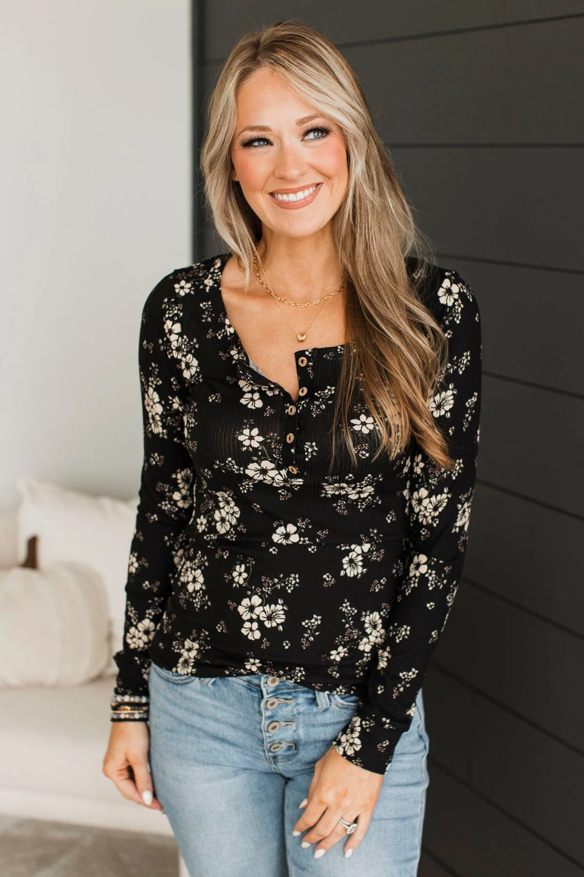 Real Love Lasts Floral Henley Top- Black & Taupe - Image 3
