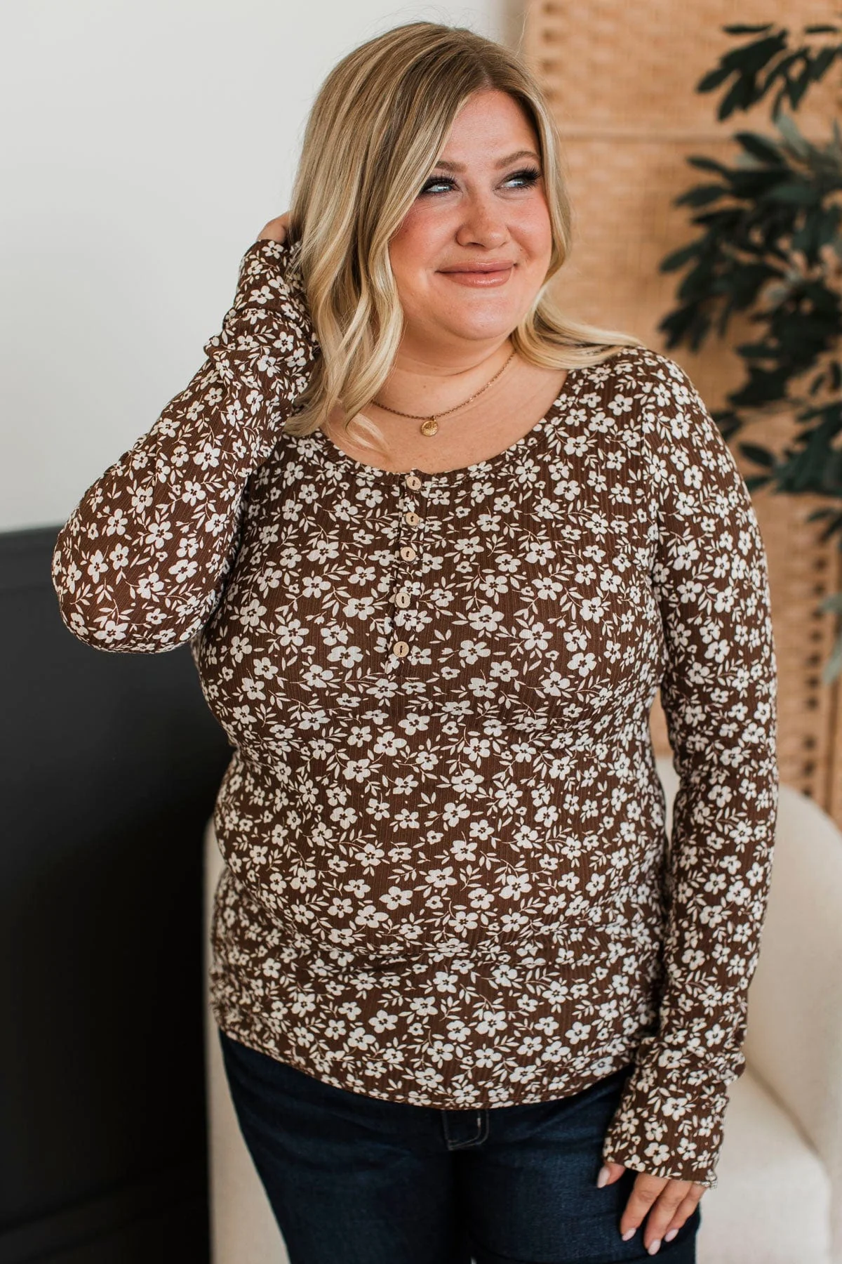 Real Love Lasts Floral Henley Top- Brown - Image 6