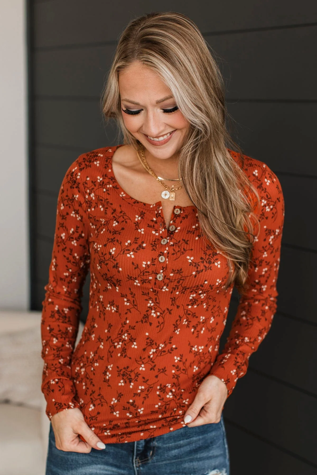 Real Love Lasts Floral Henley Top- Rust - Image 2
