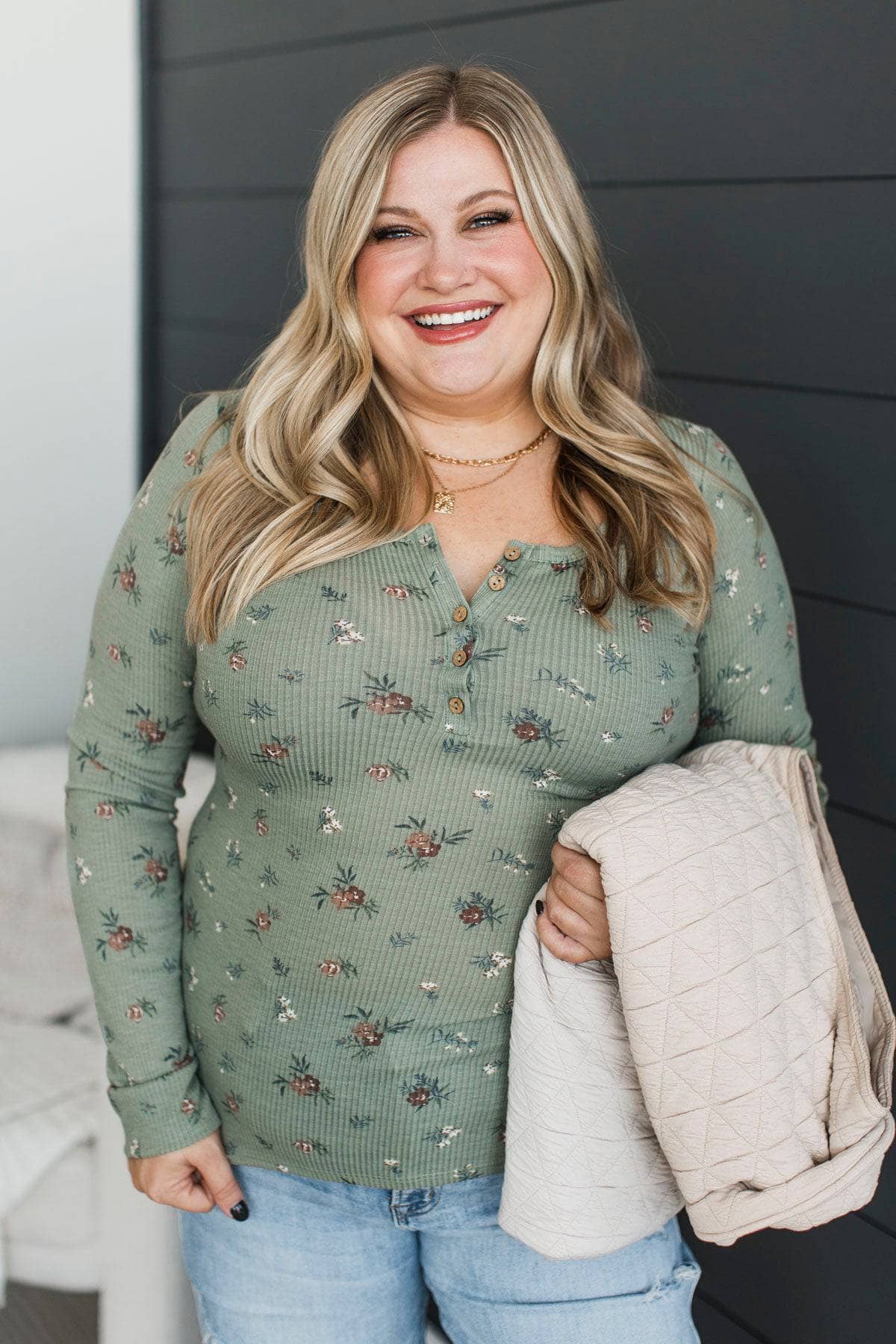 Real Love Lasts Floral Henley Top- Sage - Image 2