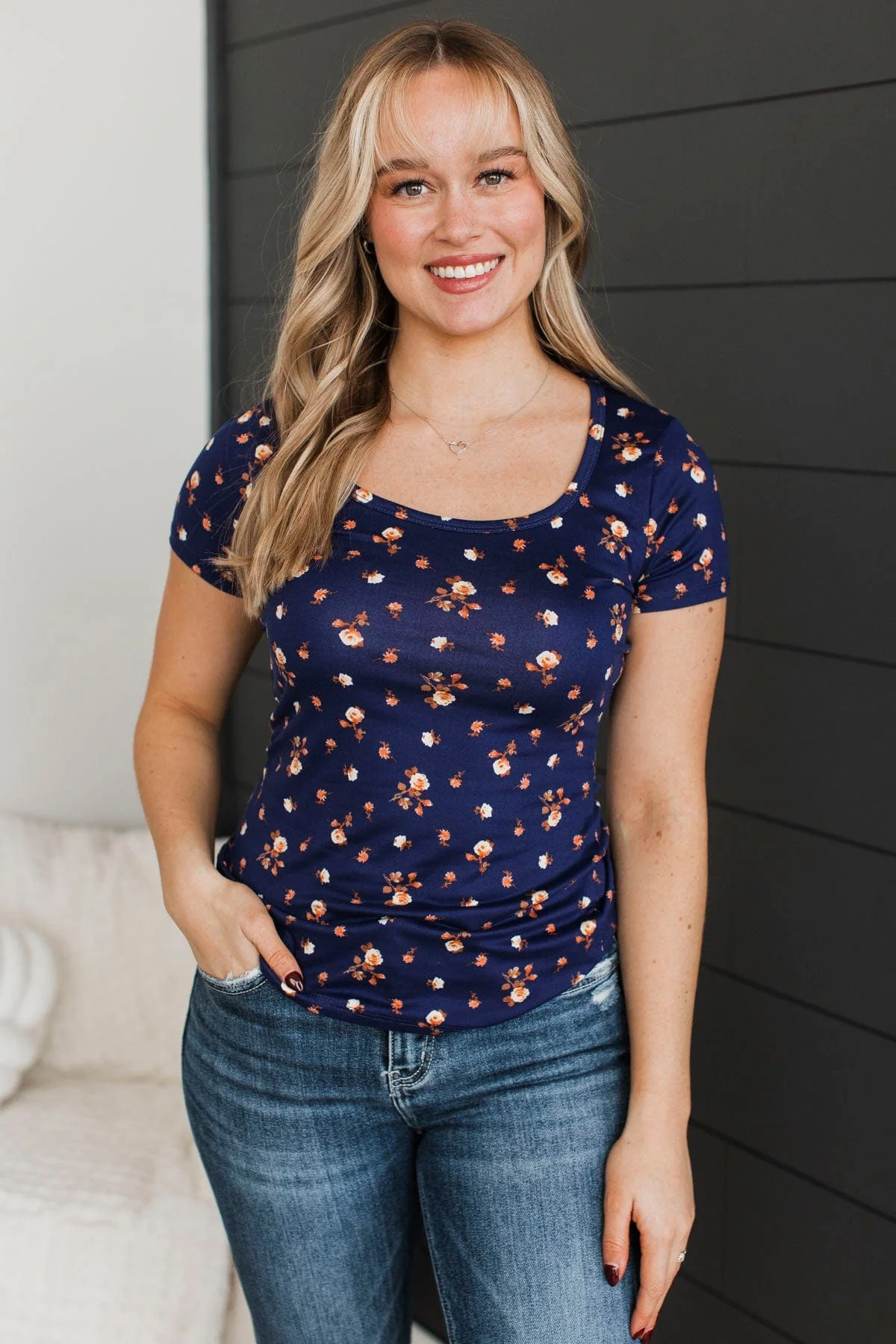 Real Lovely Short Sleeve Floral Top- Navy - Image 3