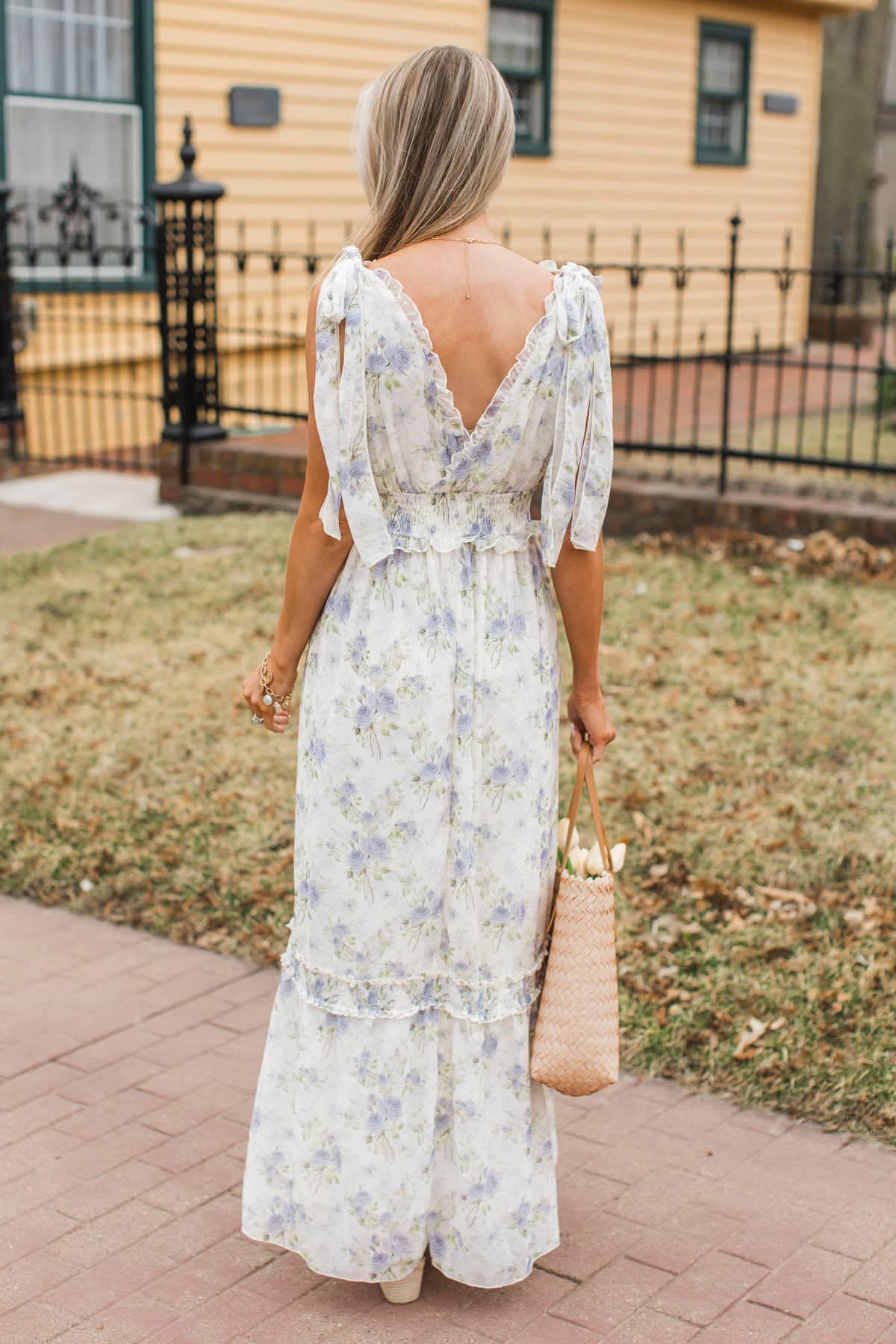 Really Romantic Ruffle Floral Maxi Dress- Ivory & Blue - Image 8
