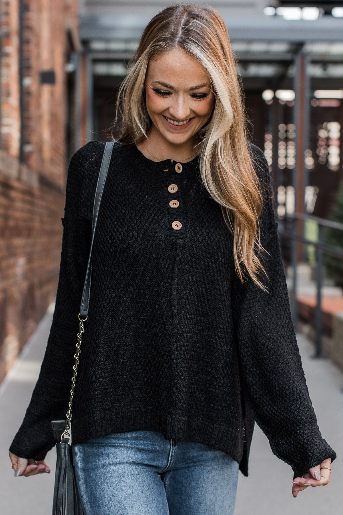 Rebellious Rose Knit Button Top- Black - Image 2