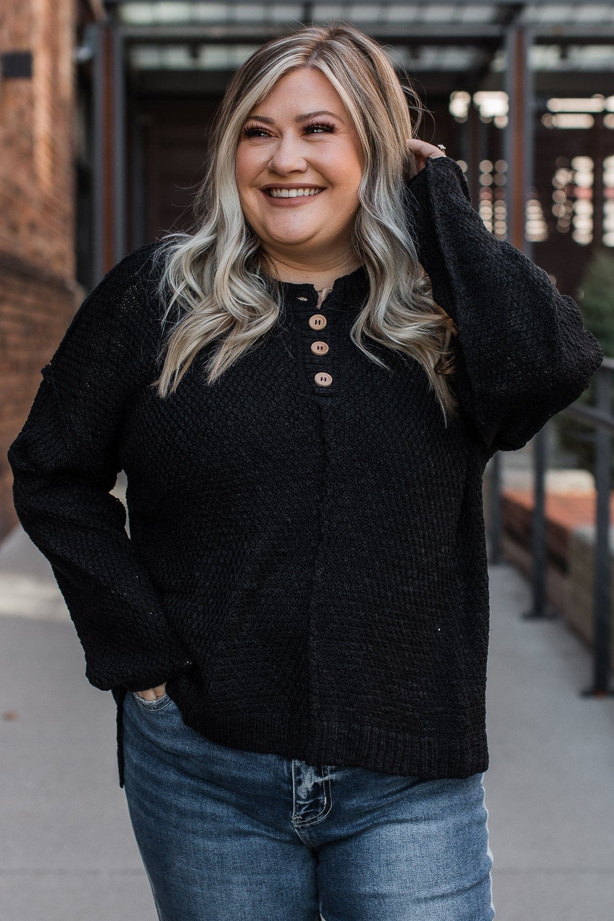 Rebellious Rose Knit Button Top- Black - Image 3