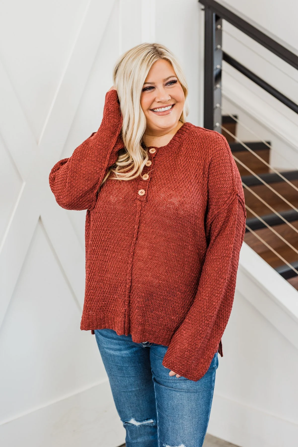 Rebellious Rose Knit Button Top- Dark Rust - Image 3