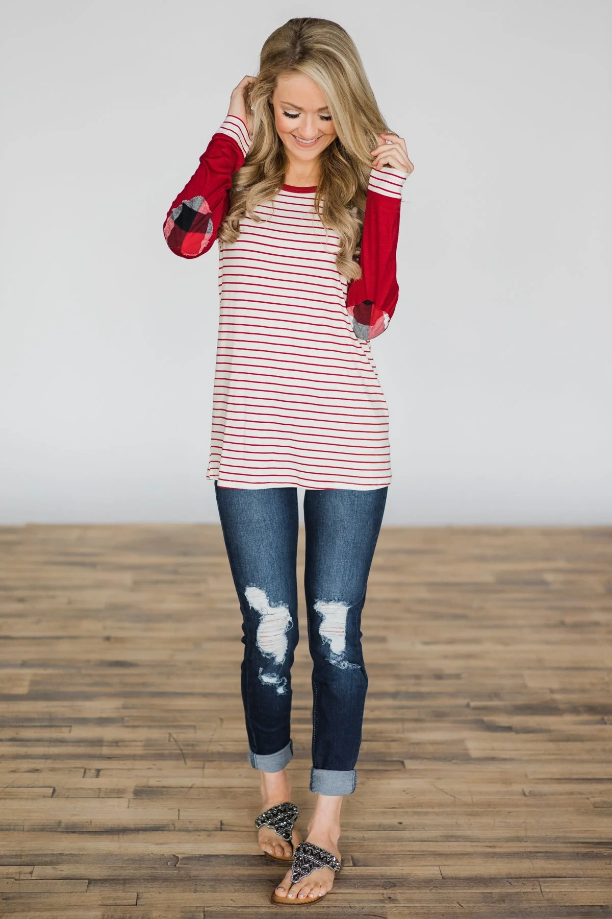Red Hot Plaid Elbow Patch Top - Image 2