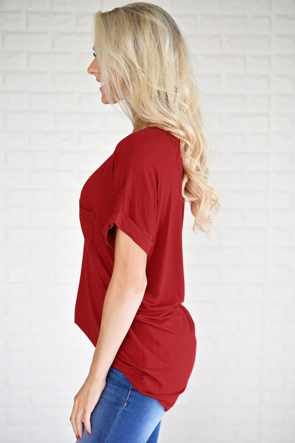 Red V-Neck Pocket Tee - Image 5