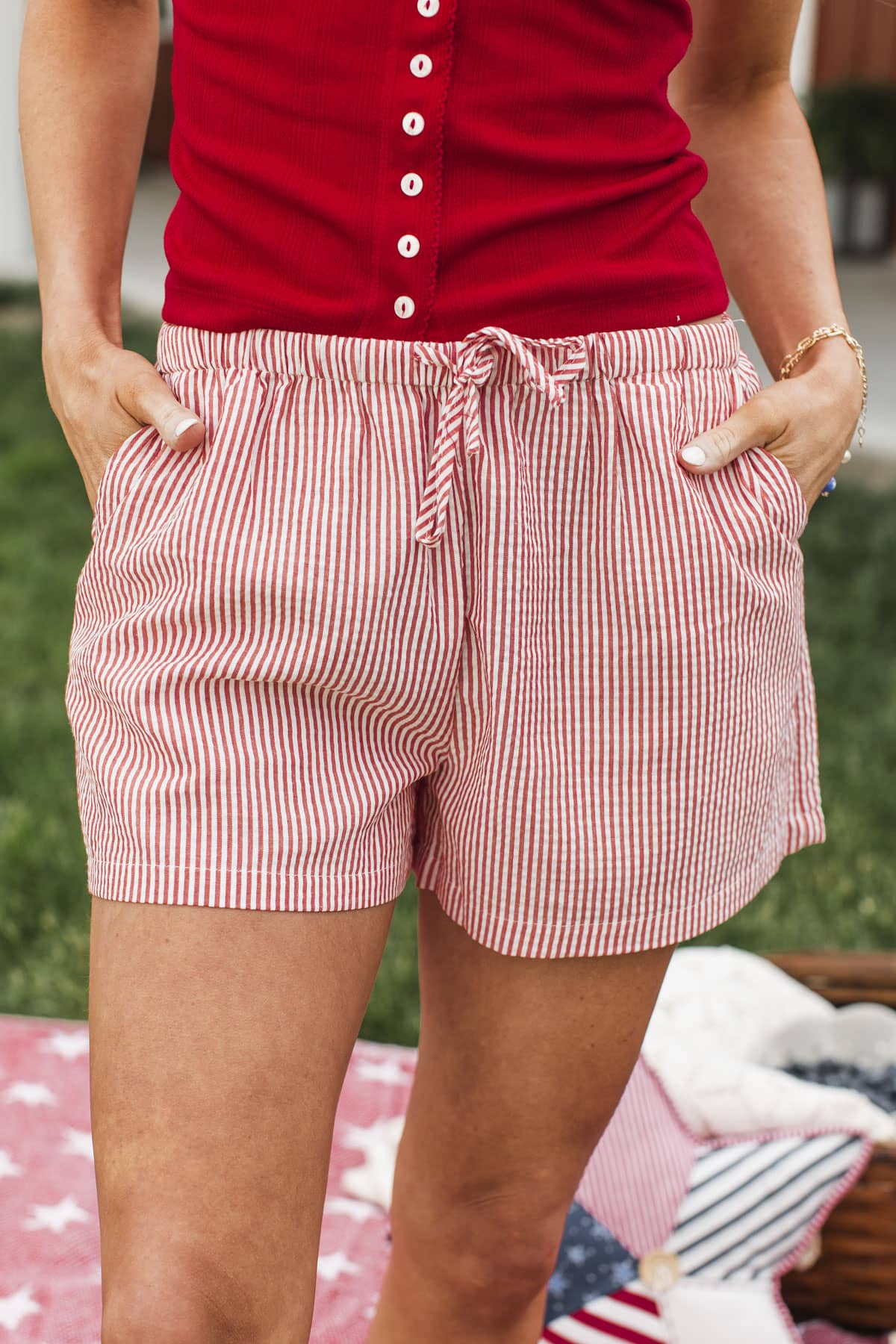 Red White & Darling Drawstring Shorts- Ivory & Red