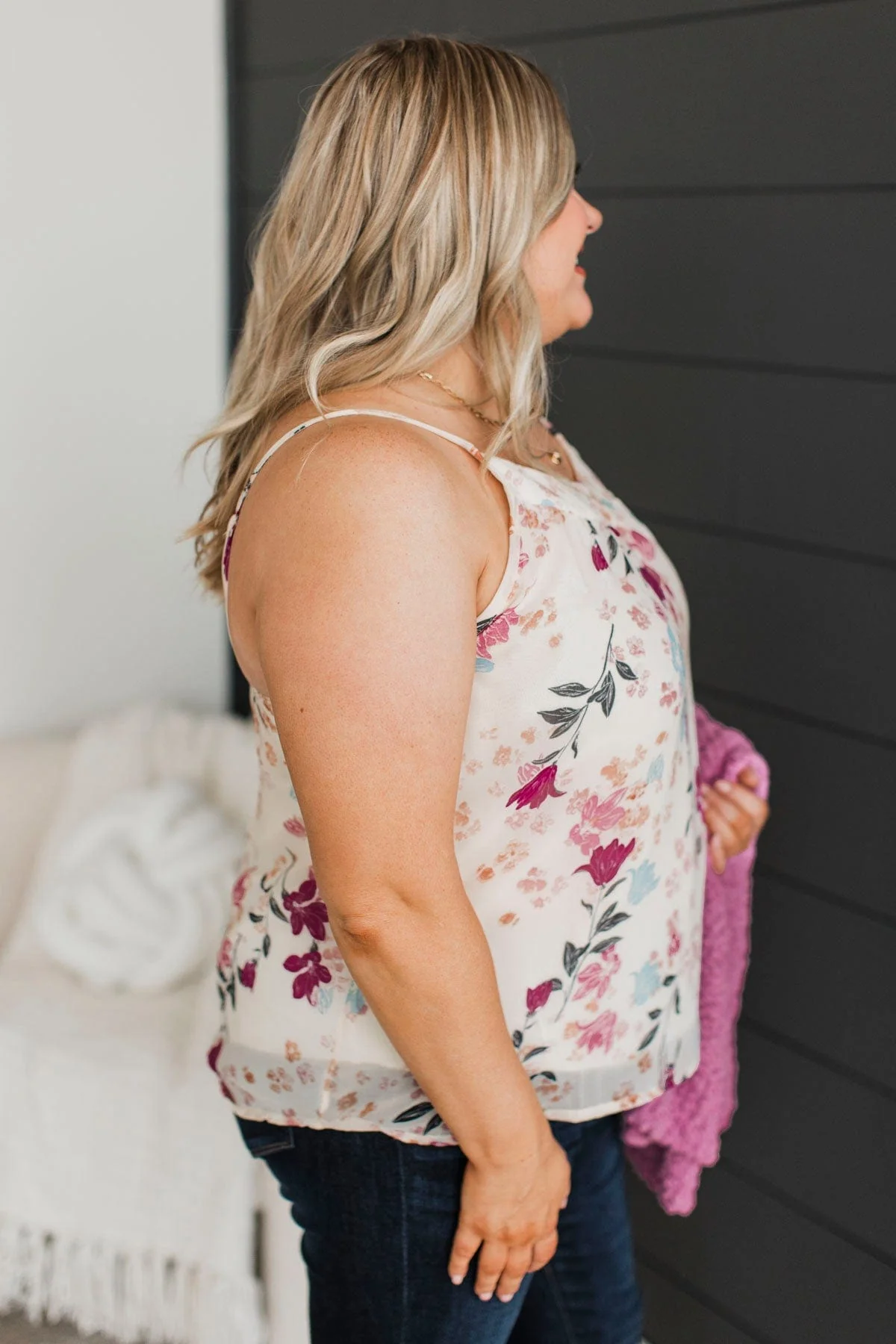 Refreshing Feeling Floral Tank Top- Ivory & Plum - Image 5