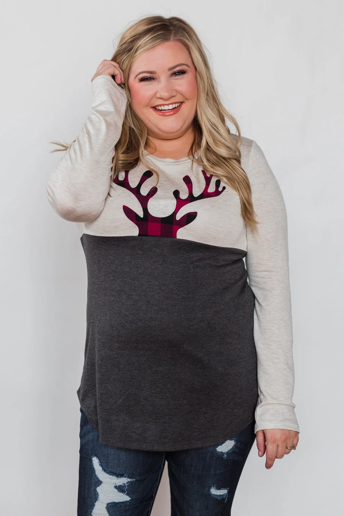 Call In The Reindeer Top- Oatmeal & Charcoal - Image 3