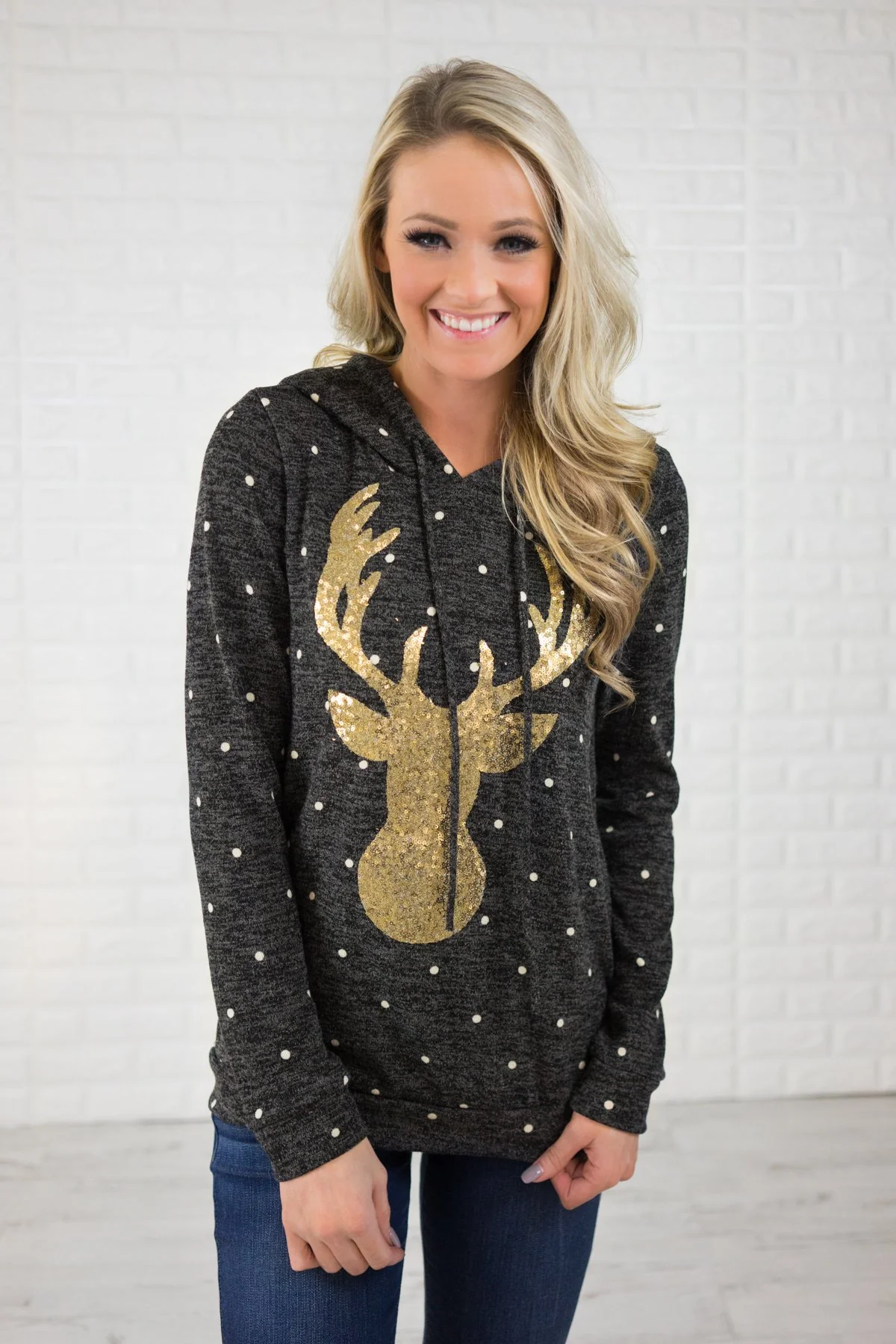 Reindeer Sequin Hoodie - Charcoal - Image 3