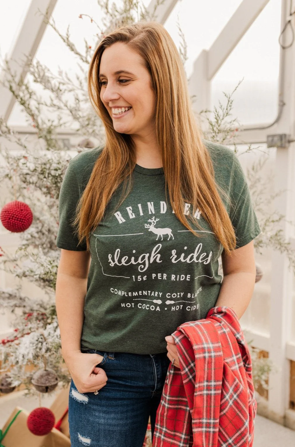 "Reindeer Sleigh Rides" Graphic Tee- Hunter Green - Image 3