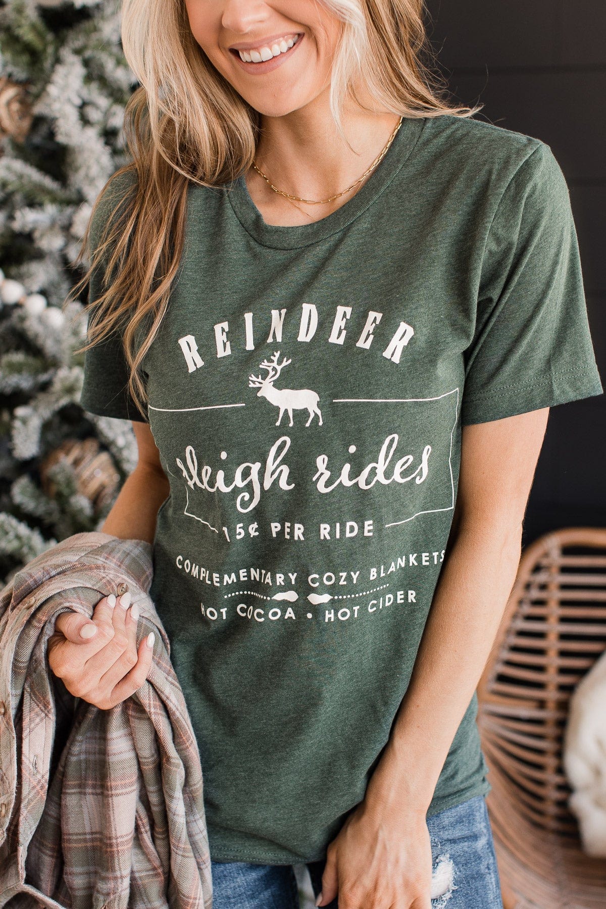 "Reindeer Sleigh Rides" Graphic Tee- Hunter Green - Image 7