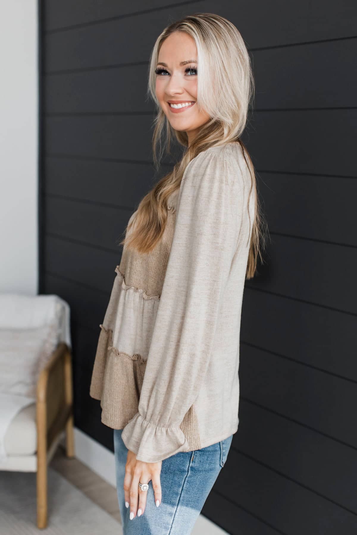 Remaining Optimistic Ruffle Fabric Block Top- Oatmeal - Image 4