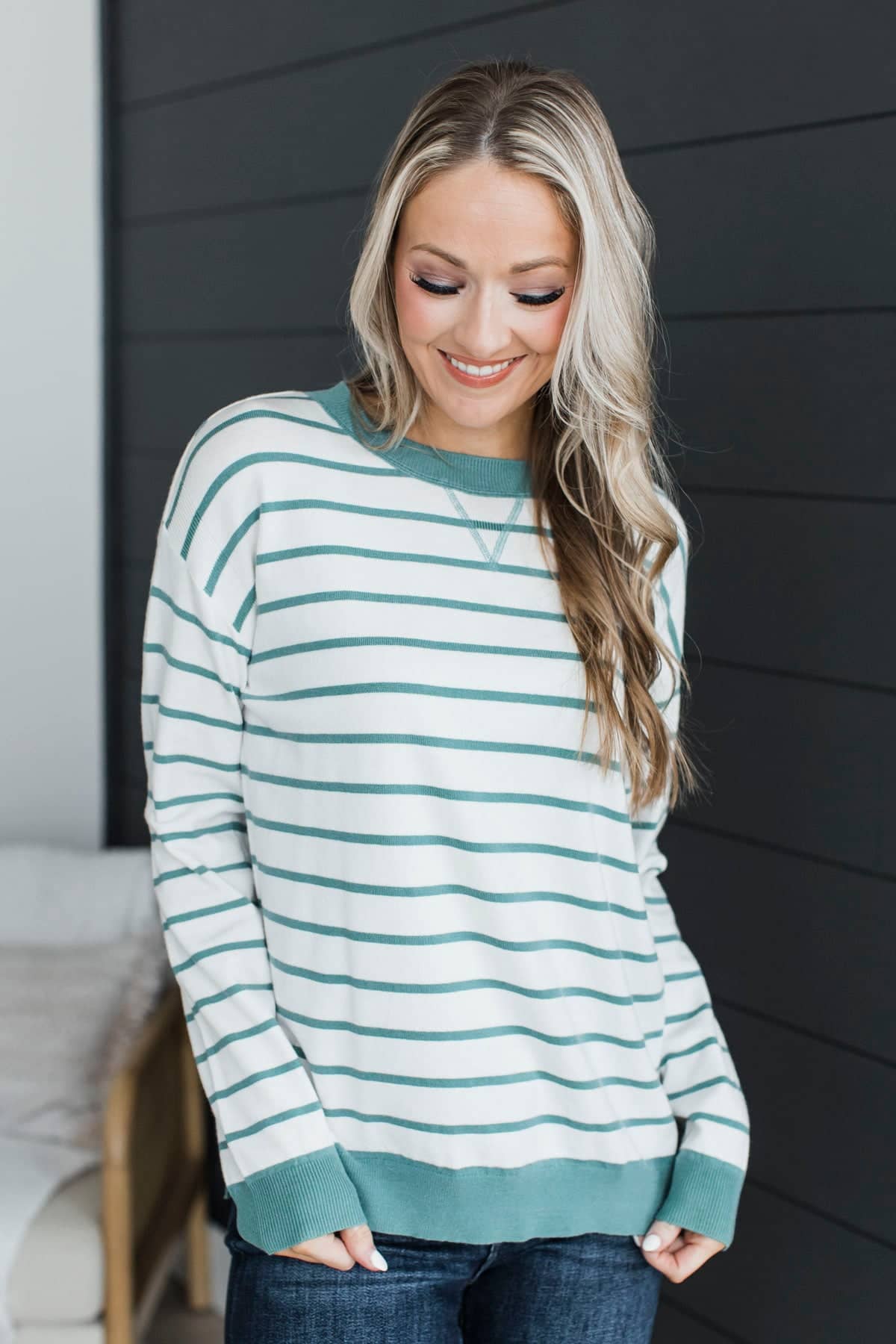 Remaining Optimistic Striped Knit Sweater- Ivory & Teal - Image 2