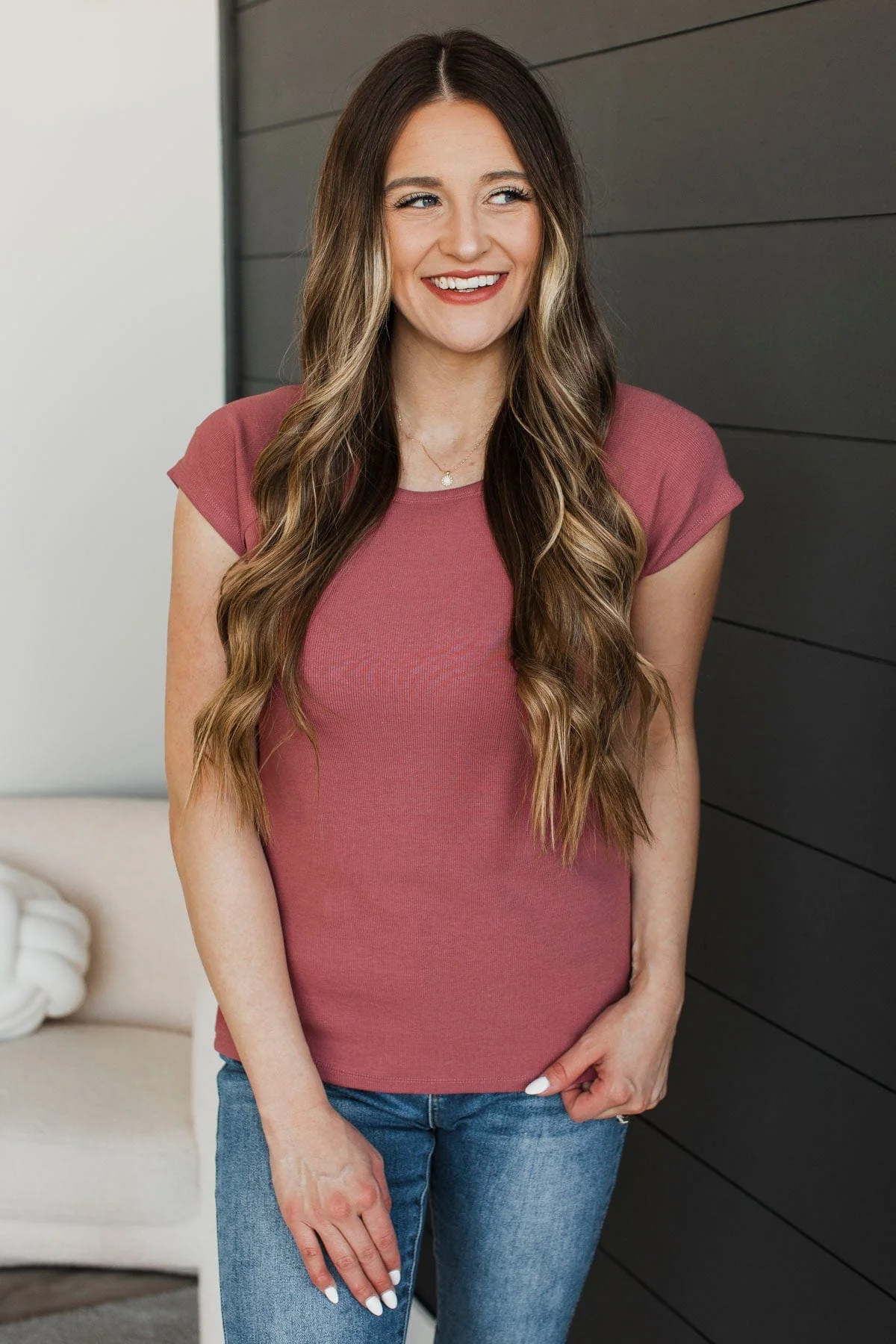 Remarkably Good Short Sleeve Ribbed Top- Marsala - Image 2