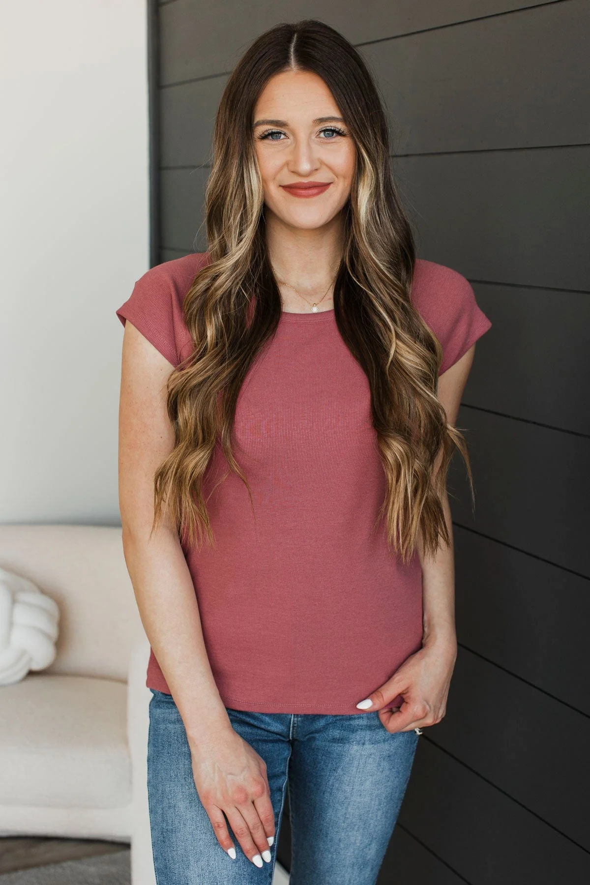 Remarkably Good Short Sleeve Ribbed Top- Marsala - Image 4