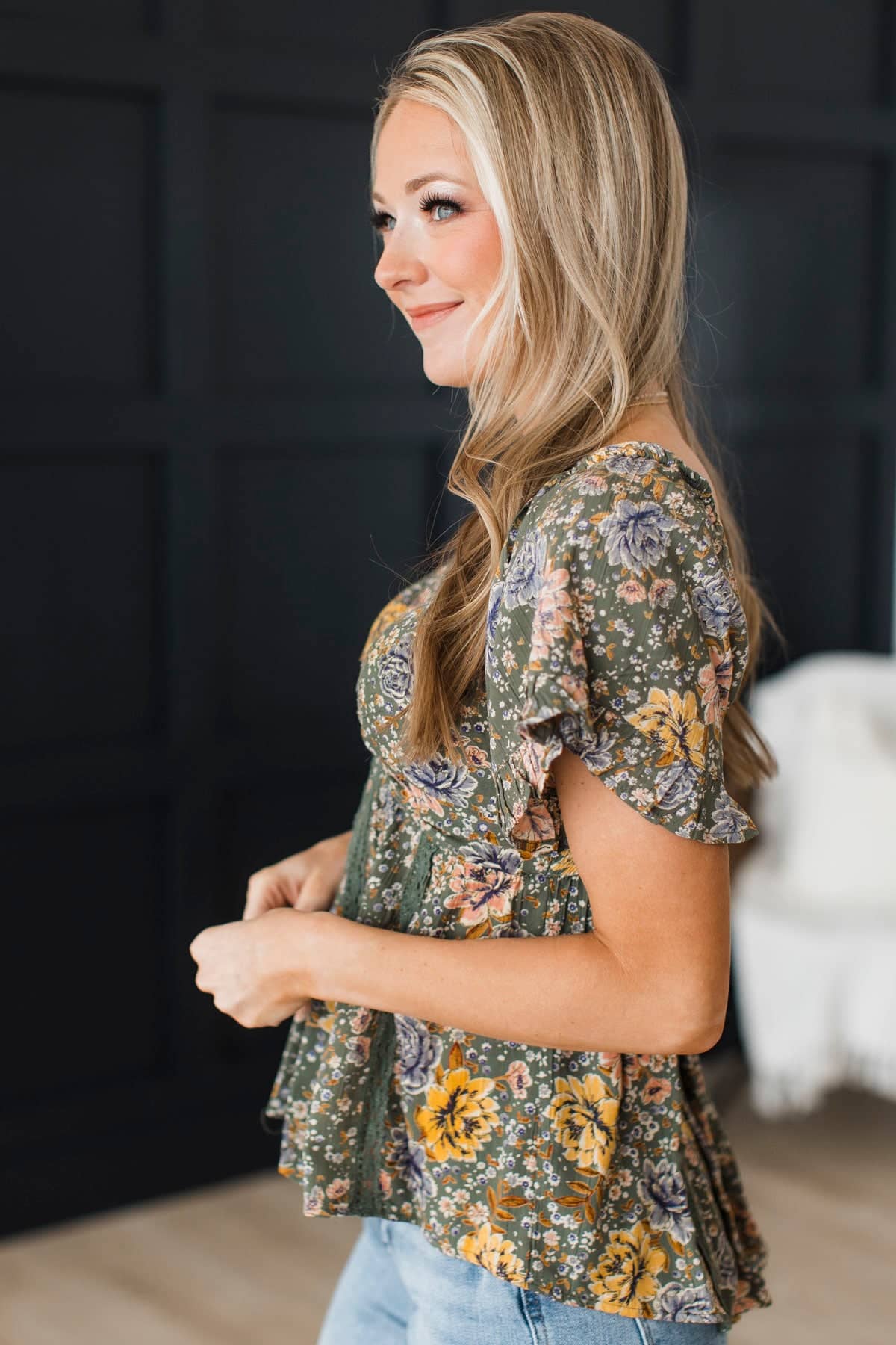 Remember The Day Floral Flutter Sleeve Top- Olive - Image 6