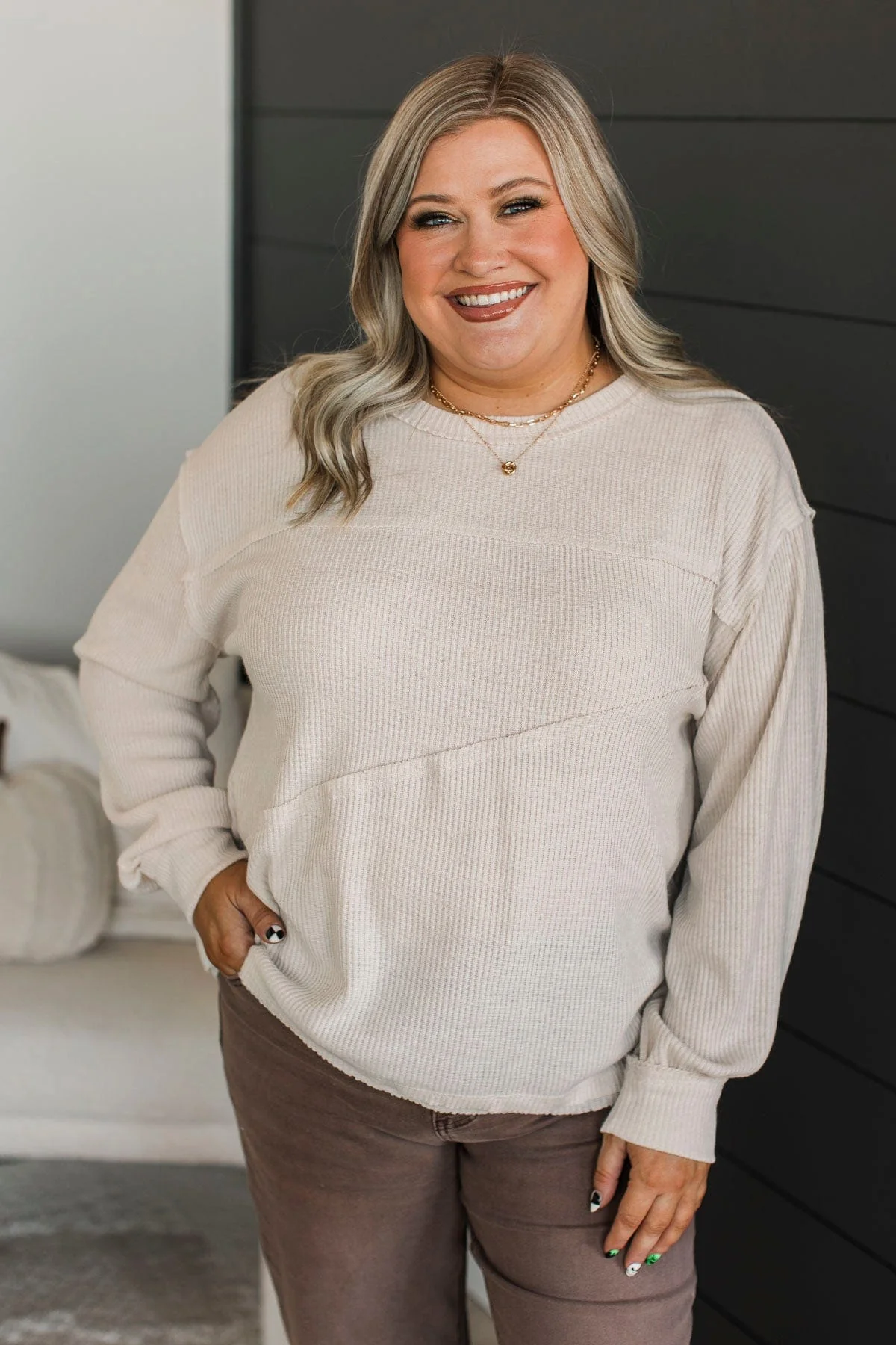 Renewed Confidence Ribbed Knit Top- Light Beige - Image 4