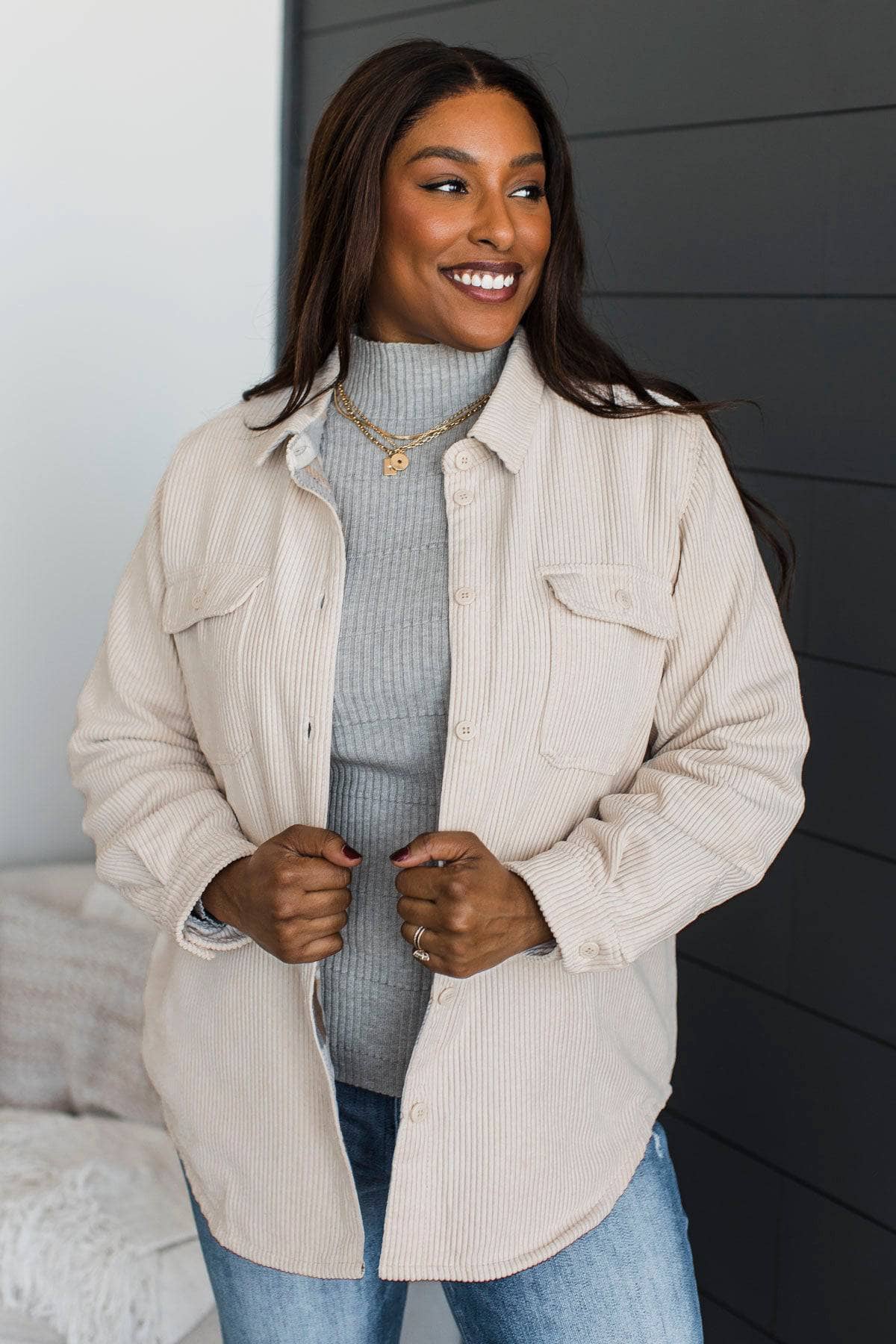 Reversible Plaid Lined Corduroy Jacket- Cream - Image 3