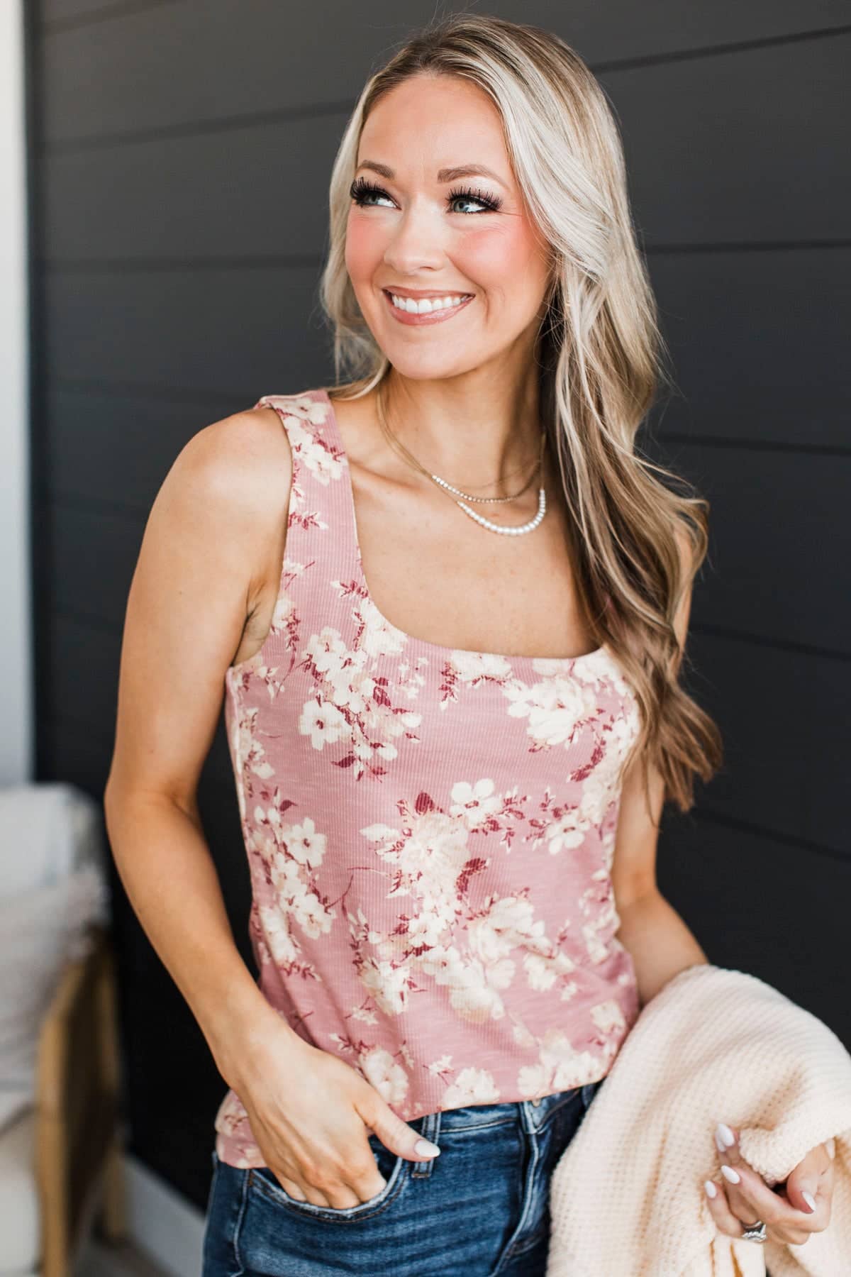Right As Always Ribbed Floral Tank Top- Dusty Pink - Image 2