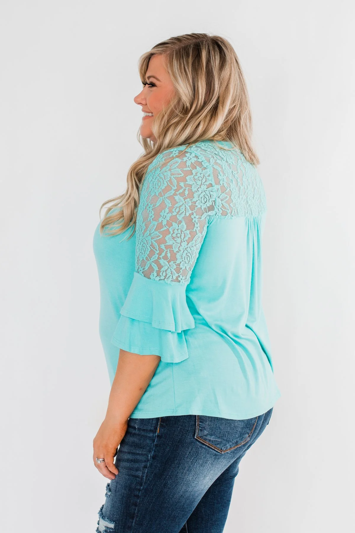 Right Beside Me Lace & Ruffles Top- Aqua - Image 10