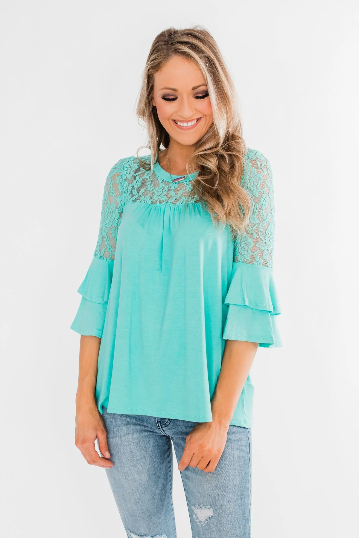 Right Beside Me Lace & Ruffles Top- Aqua - Image 2