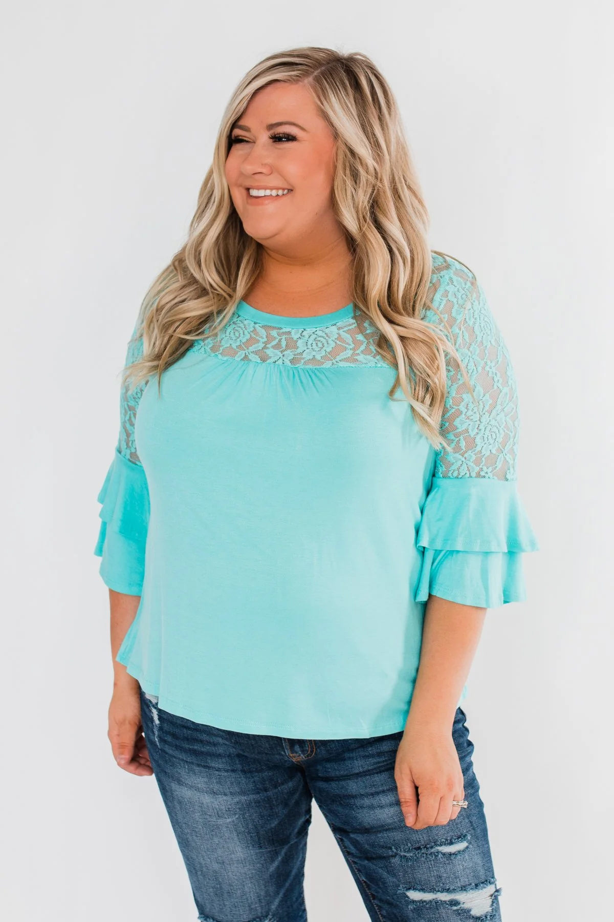 Right Beside Me Lace & Ruffles Top- Aqua - Image 5