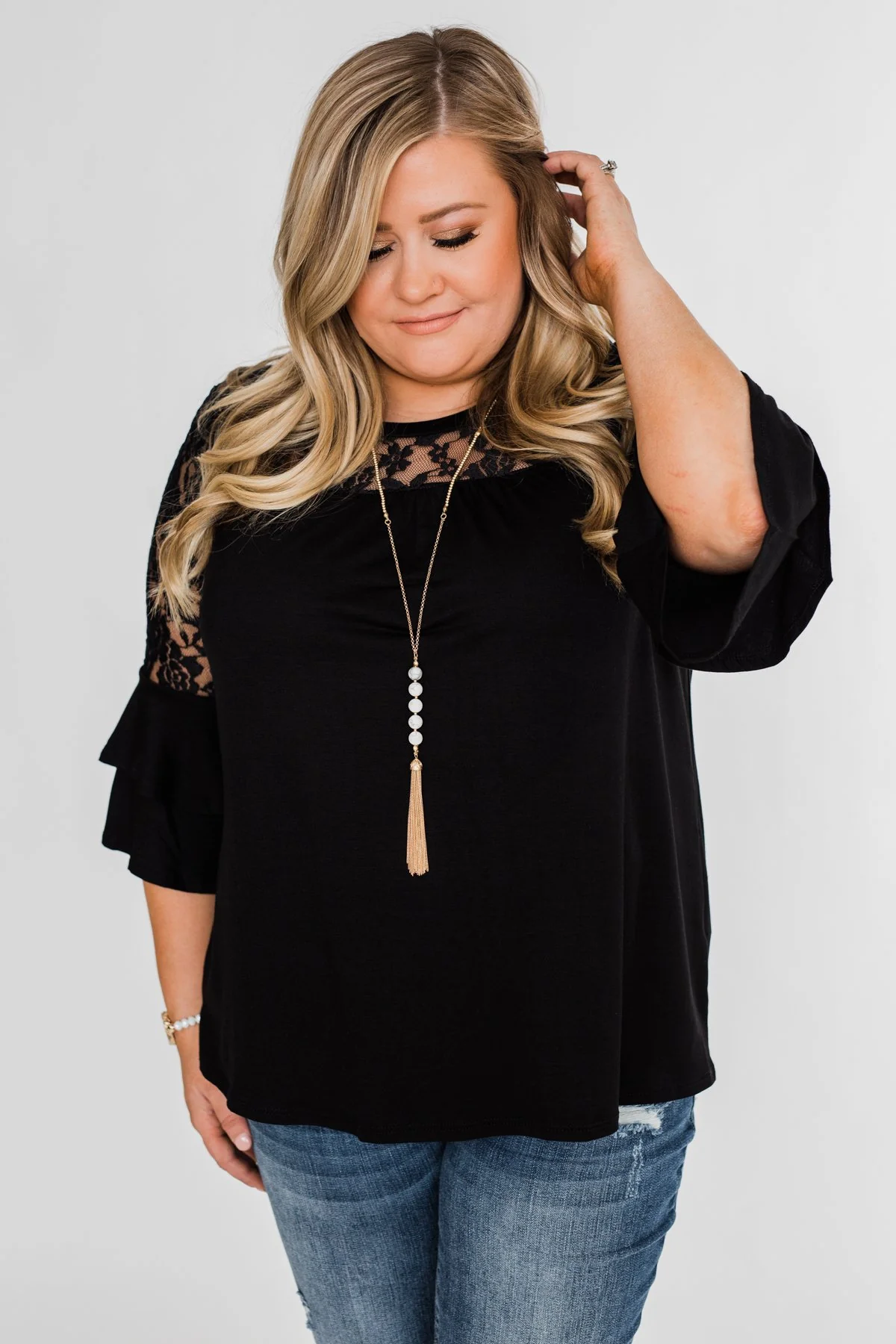 Right Beside Me Lace & Ruffles Top- Black - Image 11