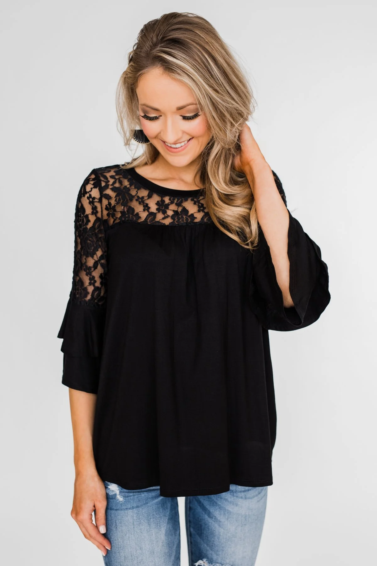 Right Beside Me Lace & Ruffles Top- Black - Image 8