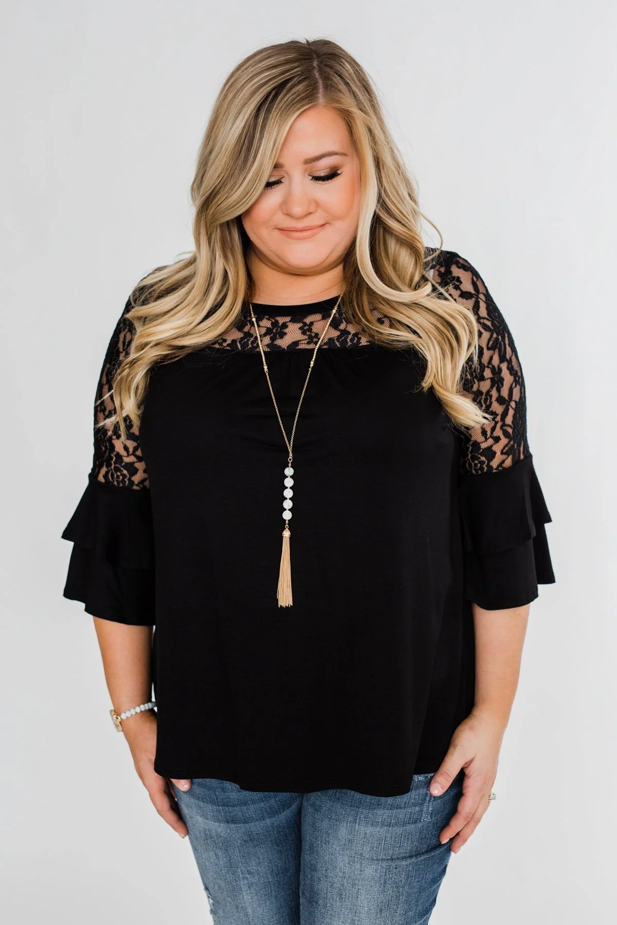 Right Beside Me Lace & Ruffles Top- Black - Image 9