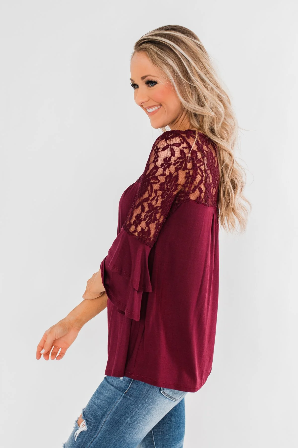 Right Beside Me Lace & Ruffles Top- Burgundy - Image 10