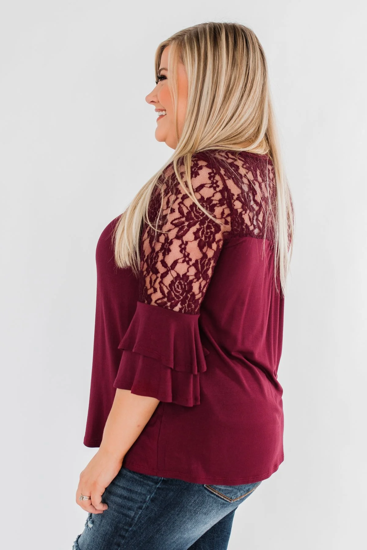 Right Beside Me Lace & Ruffles Top- Burgundy - Image 11