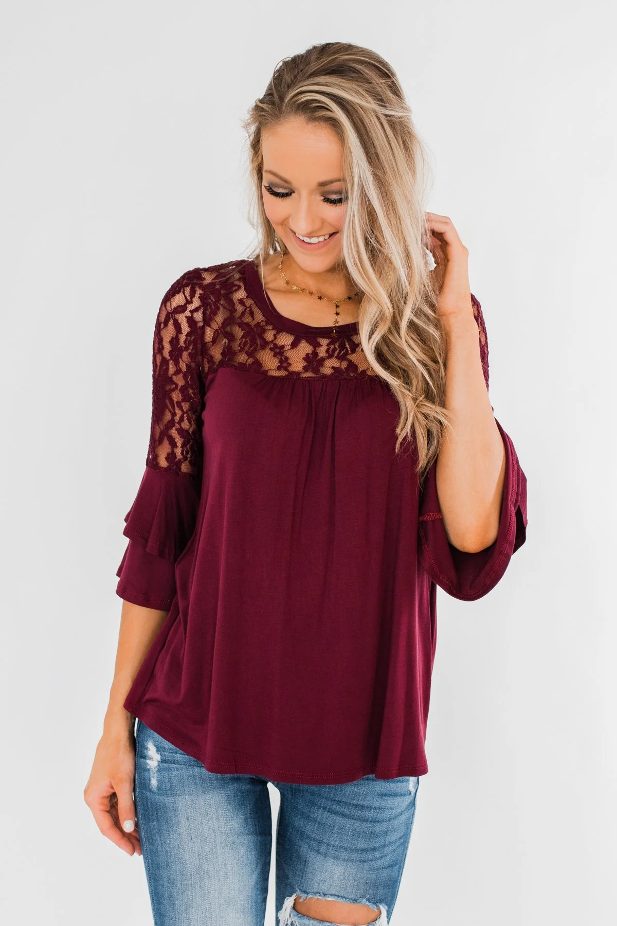 Right Beside Me Lace & Ruffles Top- Burgundy - Image 6