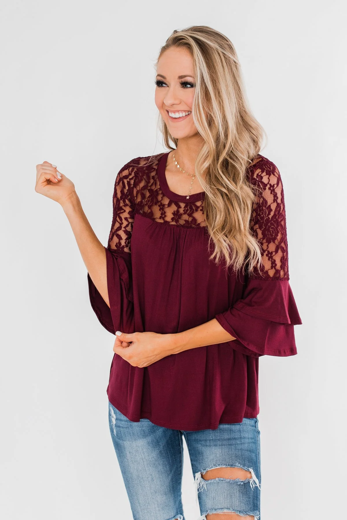 Right Beside Me Lace & Ruffles Top- Burgundy - Image 8