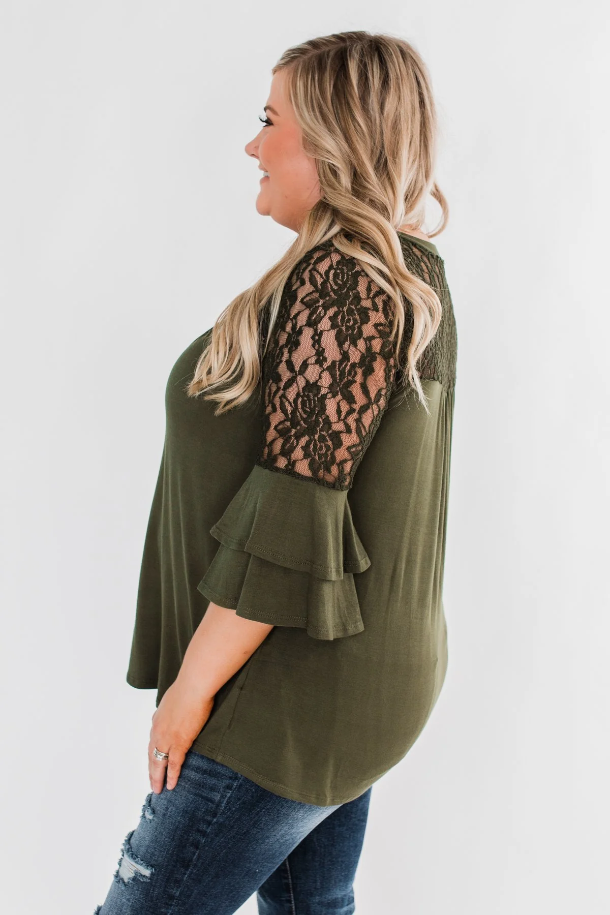 Right Beside Me Lace & Ruffles Top- Olive - Image 10