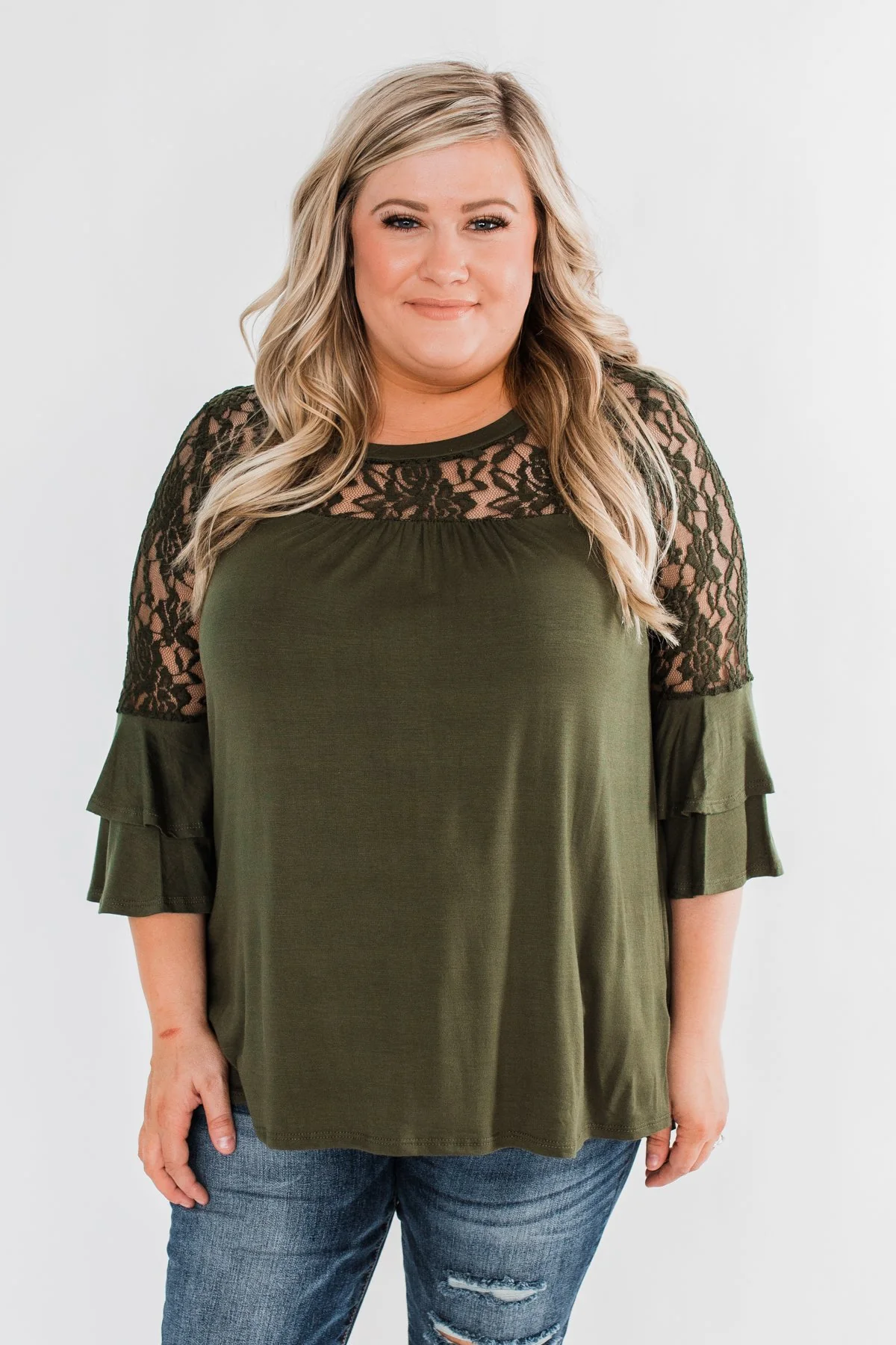 Right Beside Me Lace & Ruffles Top- Olive - Image 5