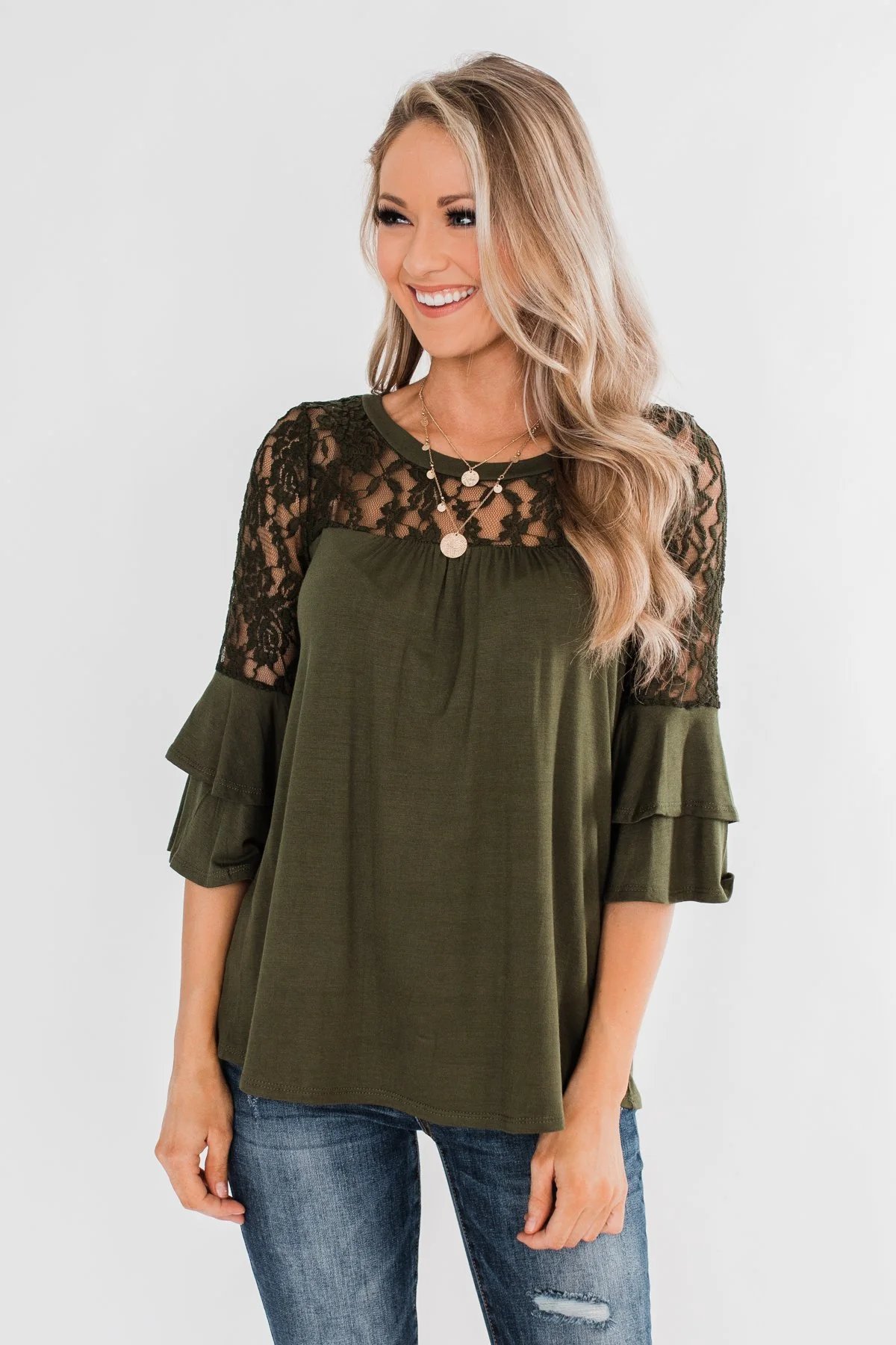 Right Beside Me Lace & Ruffles Top- Olive - Image 6