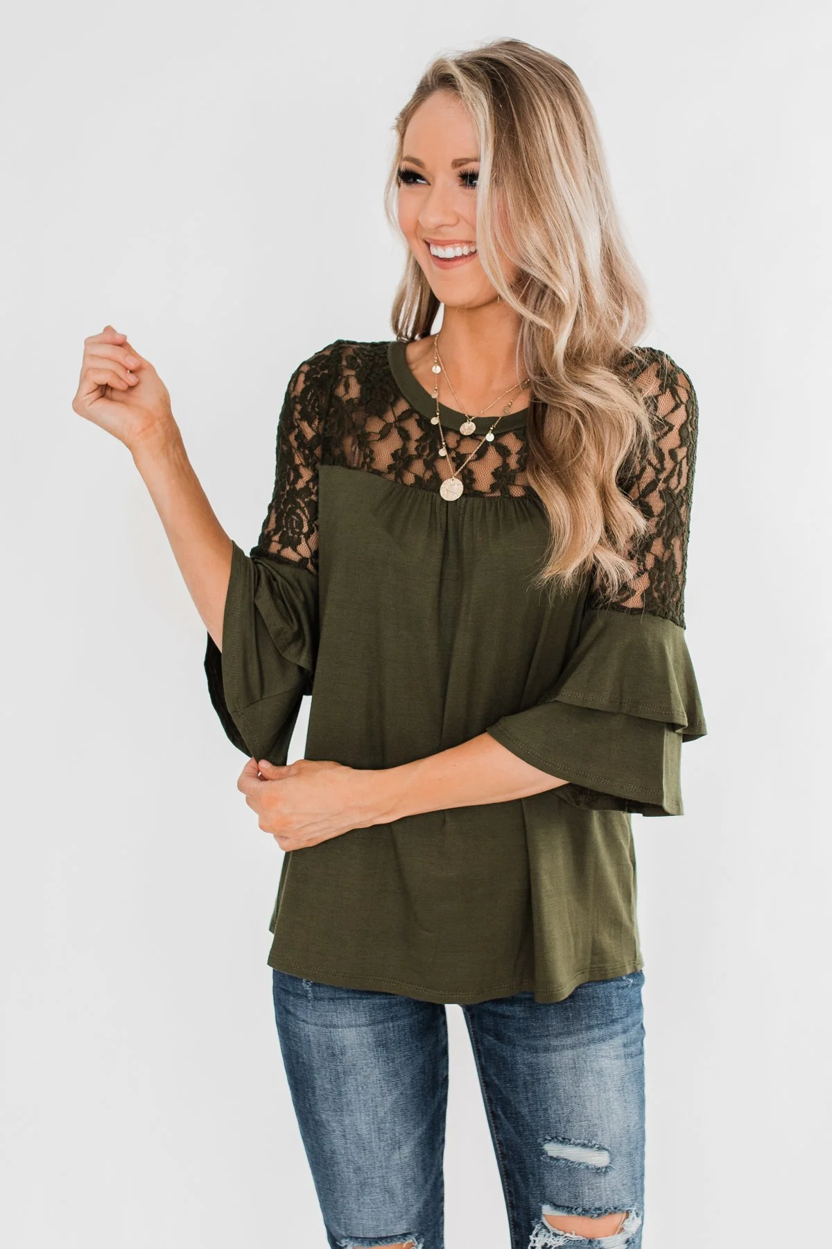 Right Beside Me Lace & Ruffles Top- Olive - Image 8