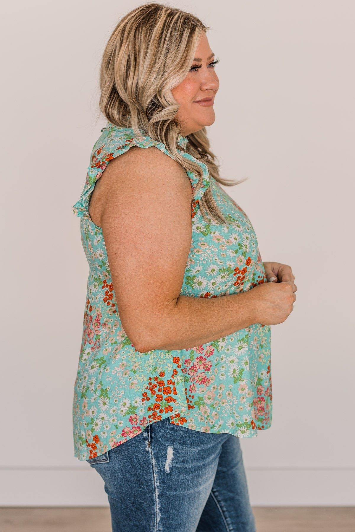 Right Beside You Floral Ruffle Top- Blue - Image 6