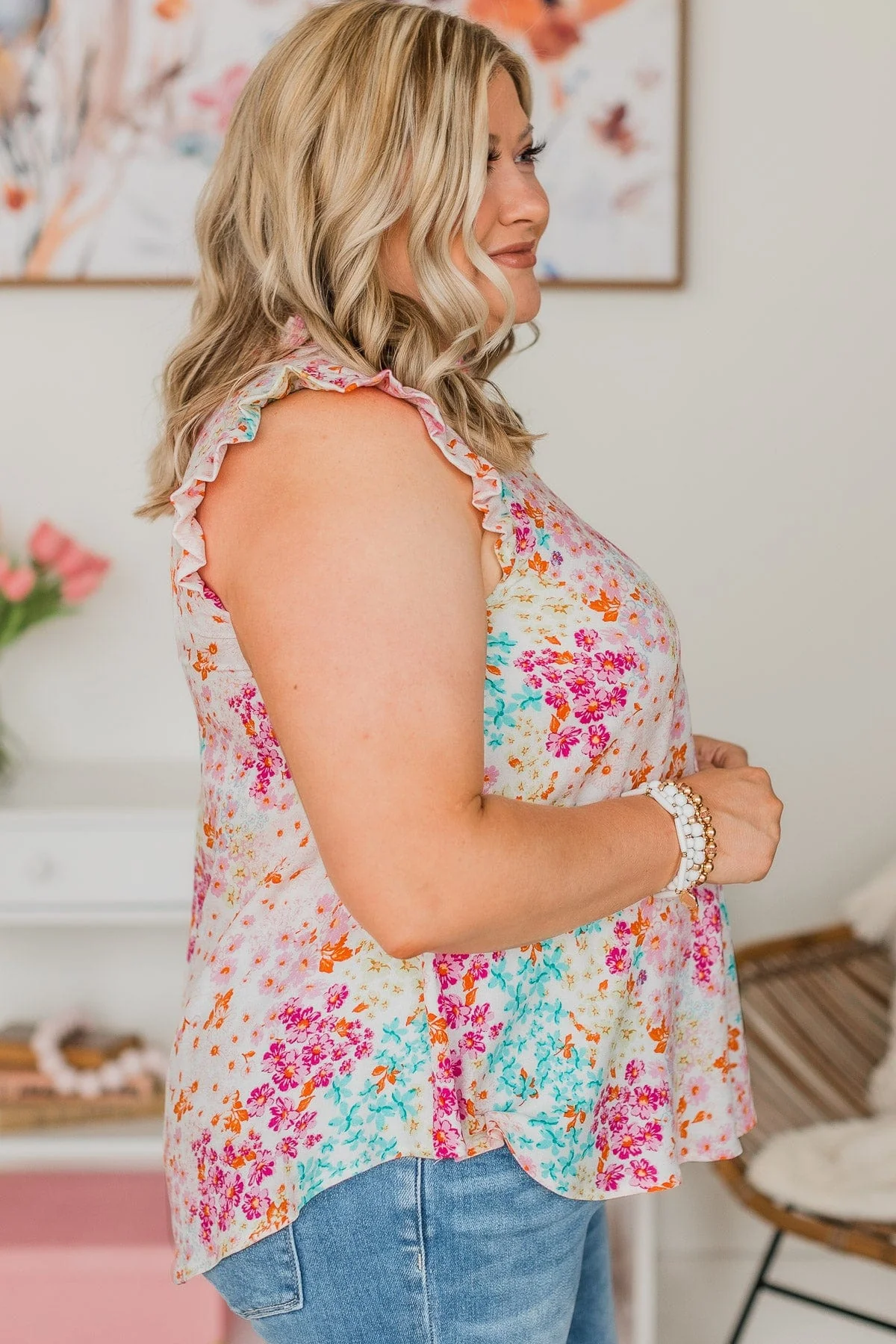 Right Beside You Floral Ruffle Top- Ivory & Pink - Image 5
